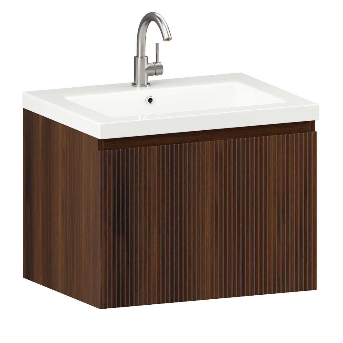 Badkamermeubel Vino Japandi - 60cm - Walnoot - Wastafel Wit