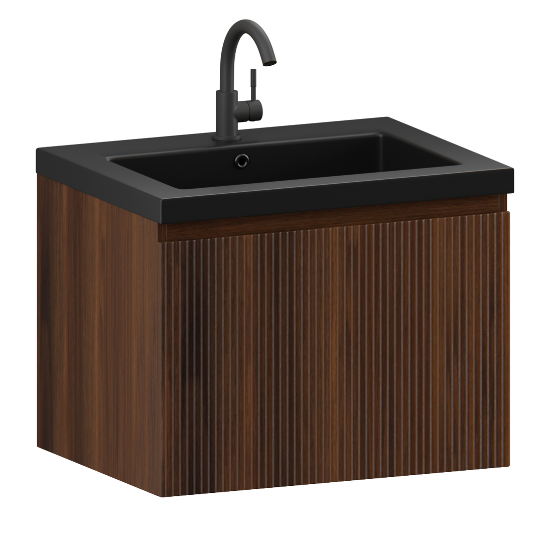 Badkamermeubel Vino Japandi - 60cm - Walnoot - Wastafel Zwart