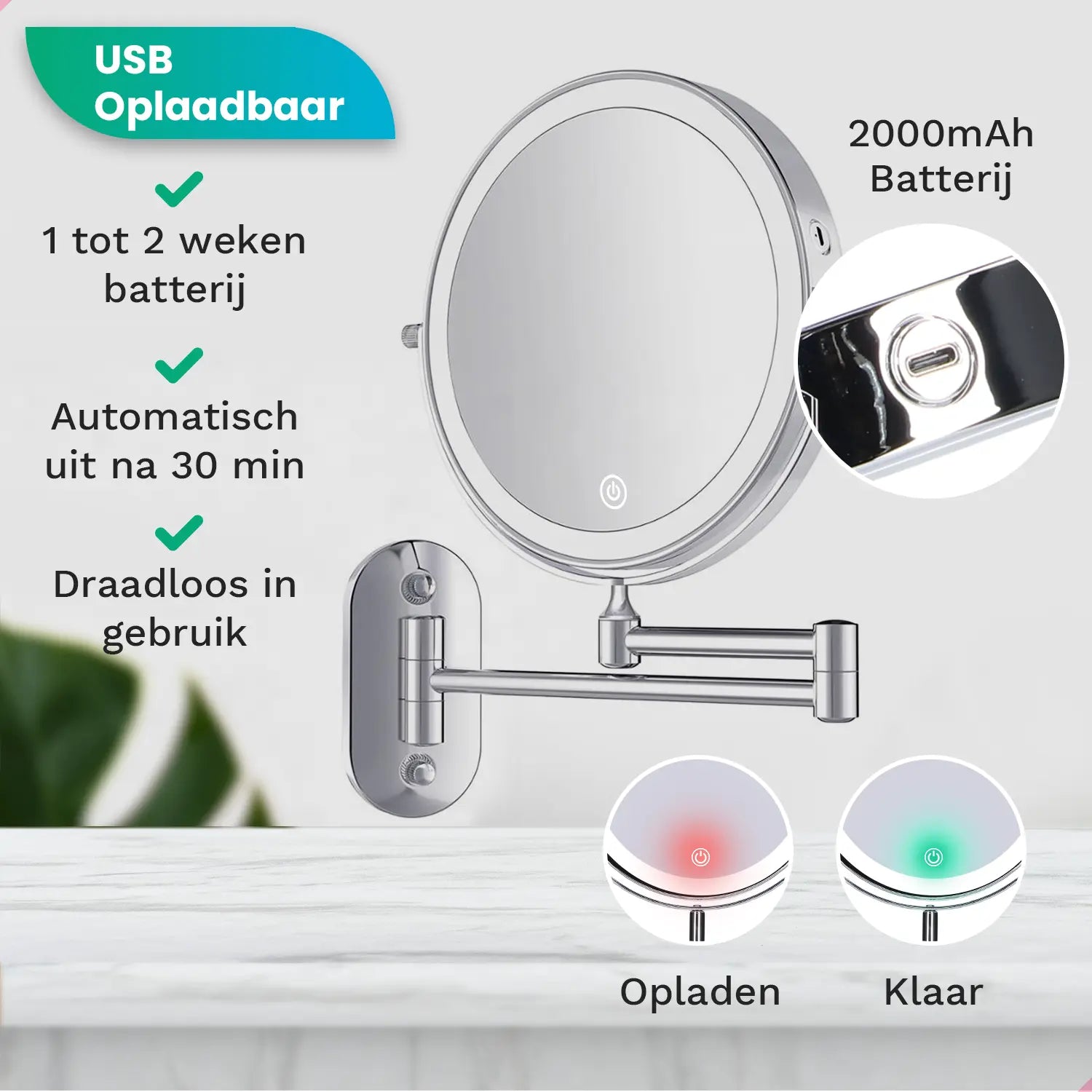 Make-Up Spiegel - Oplaadbaar - Chroom - 1-5x Vergroting