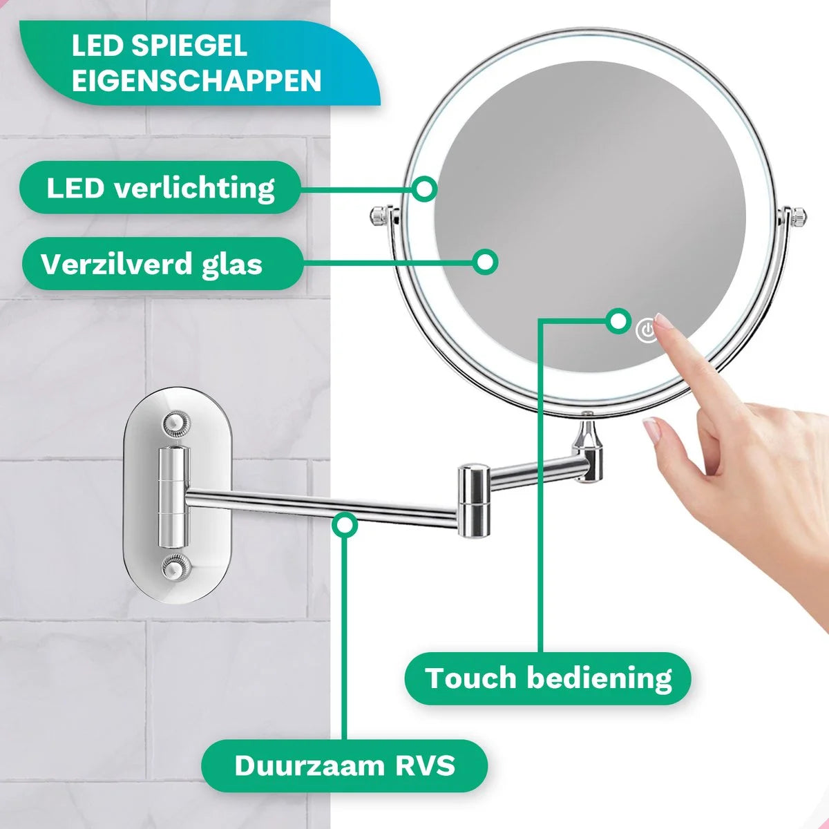 Make-Up Spiegel - Oplaadbaar - Chroom - 1-5x Vergroting