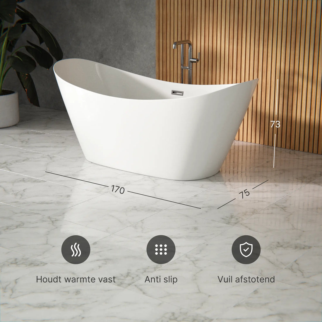 Vrijstaand bad Rhea - 170x75x73cm - Wit