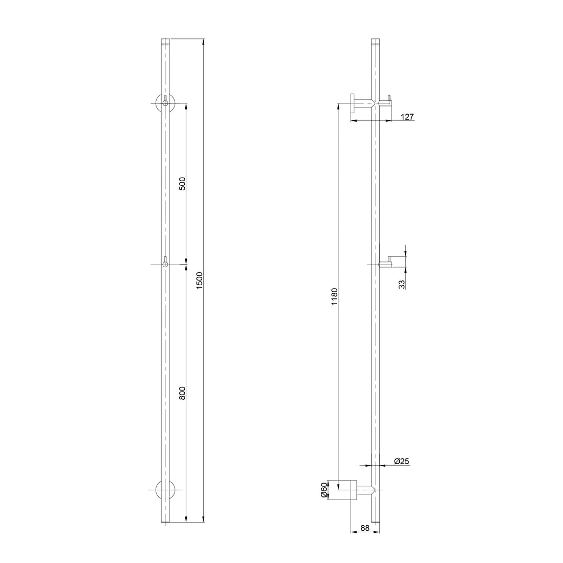Elektrische Staafhanddoekradiator - 70 Watt - 150cm - Gunmetal