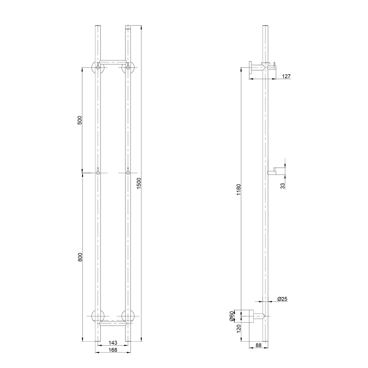 Elektrische Staafhanddoekradiator Dubbel - 70 Watt - 150x16.8 cm - Koper
