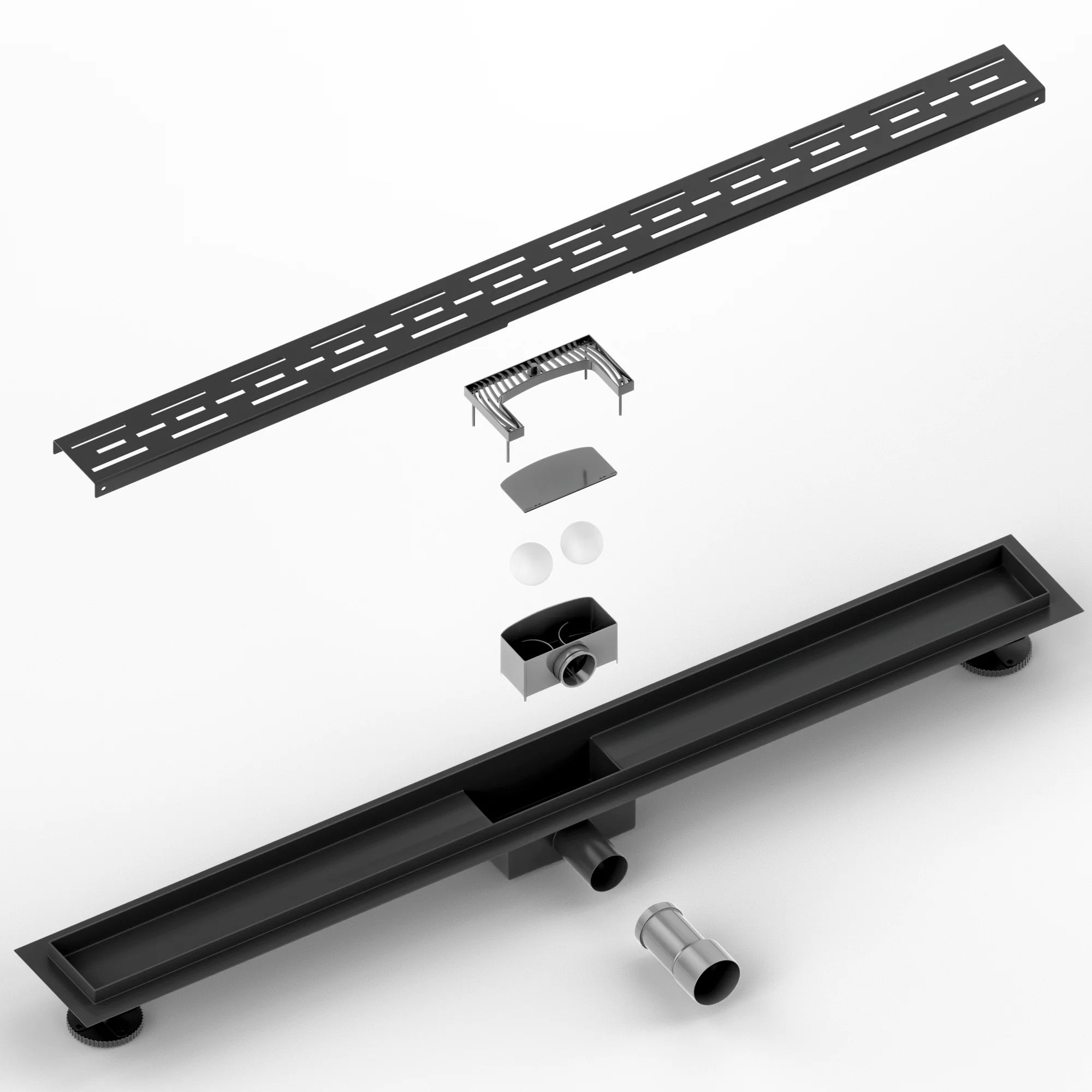 Douchegoot - 90cm- Mat Zwart - Standaard rooster - RVS - Met Flens