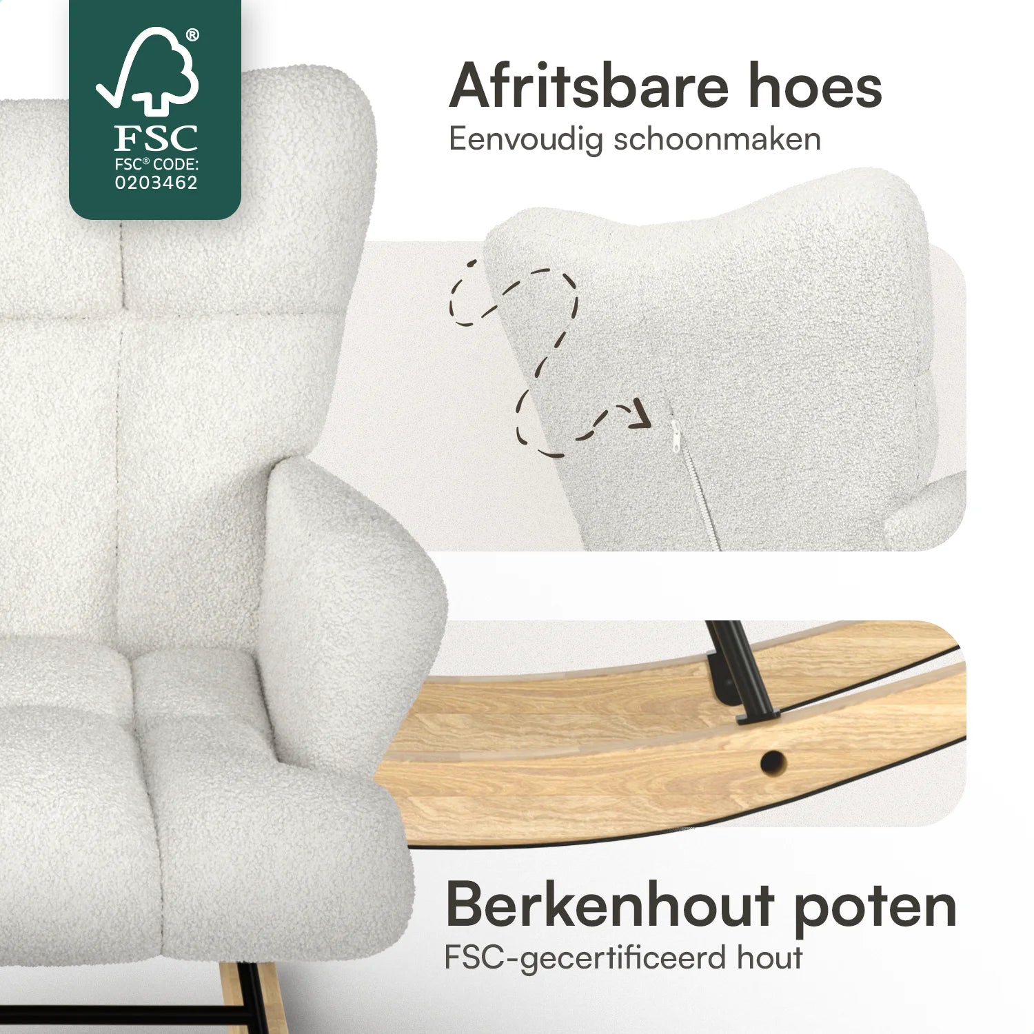 Schommelstoel Teddy Wit - Voedingsstoel Stoel Babykamer - Fauteuil met Armleuning Design