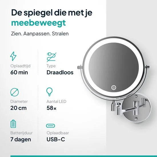 Make-up Spiegel met LED - verlichting - Oplaadbaar - 10x vergroting - Chroom