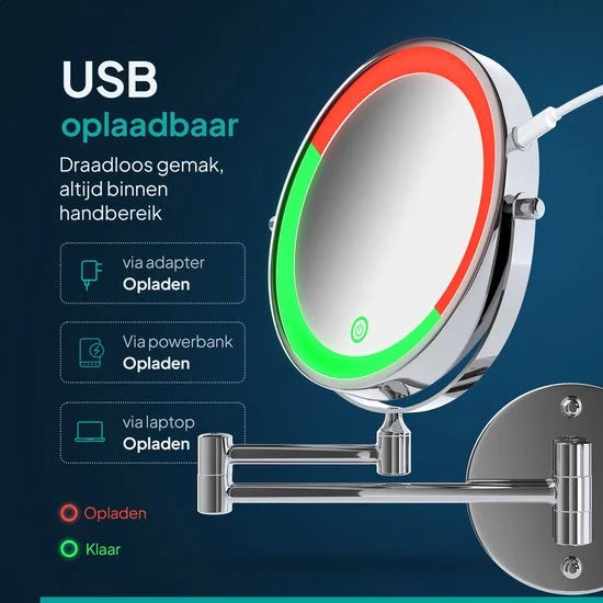 Make-up Spiegel met LED - verlichting - Oplaadbaar - 10x vergroting - Chroom