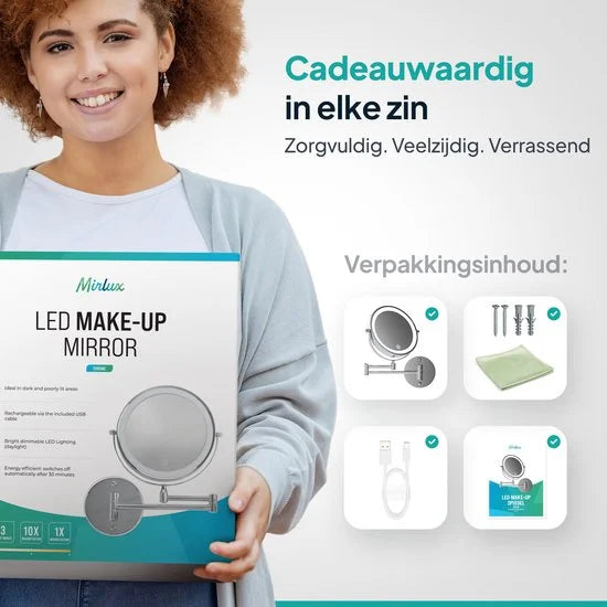 Make-up Spiegel met LED - verlichting - Oplaadbaar - 10x vergroting - Chroom