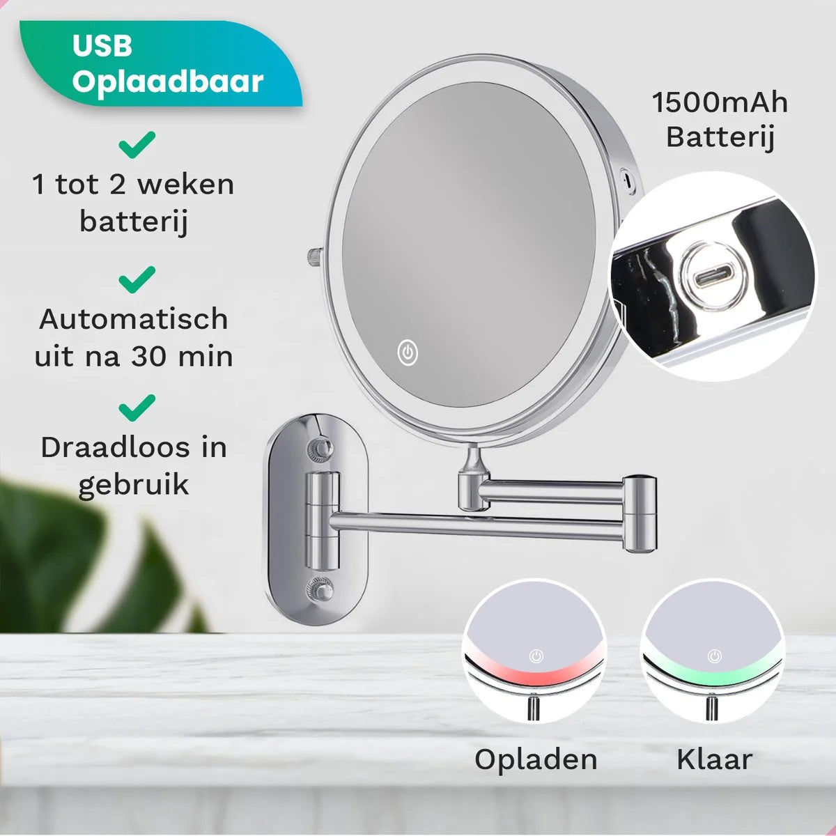 Make-Up Spiegel - Oplaadbaar - Chroom - 1-5x Vergroting