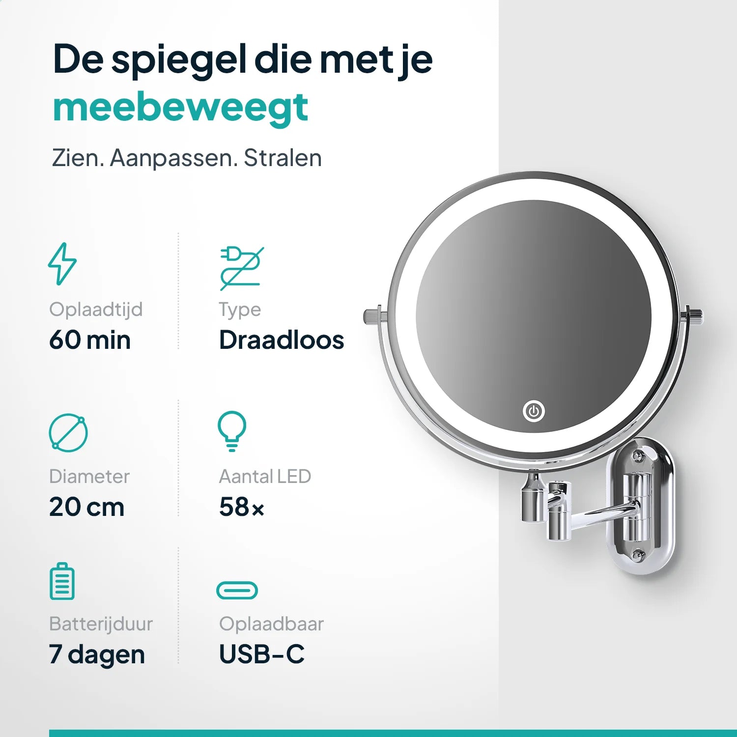 Make-Up Spiegel - Oplaadbaar - Chroom - 1-10x Vergroting