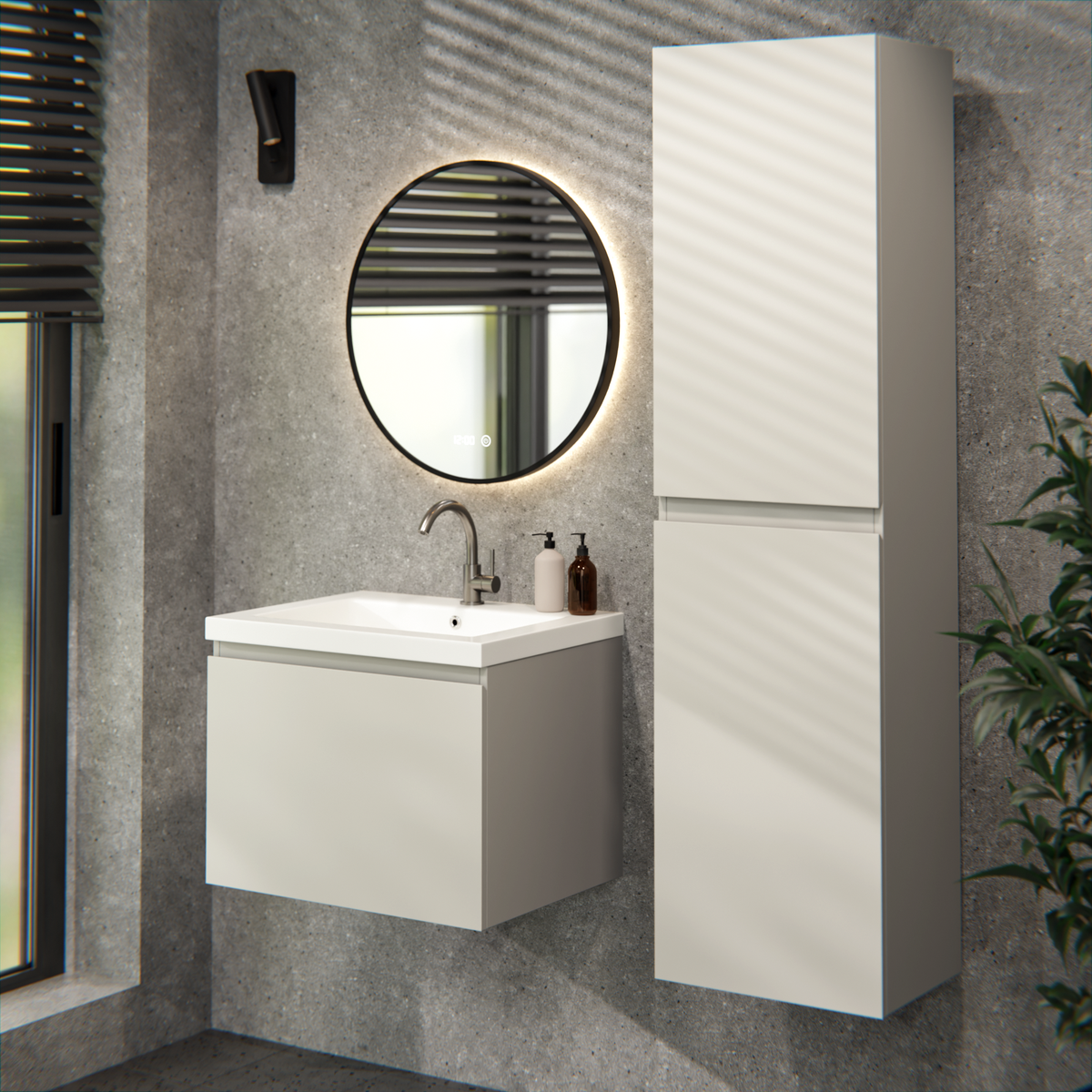 Badkamermeubel set Karo - 60cm - Taupe - Wastafel Wit