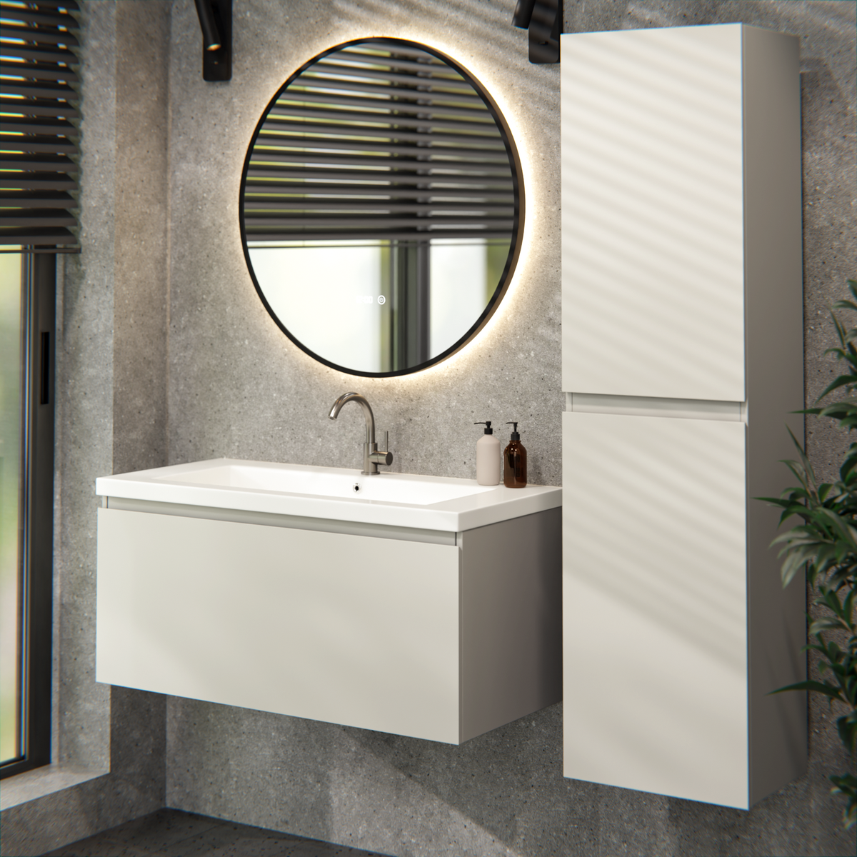 Badkamermeubelset Sena - 100cm - Taupe - Wastafel Wit