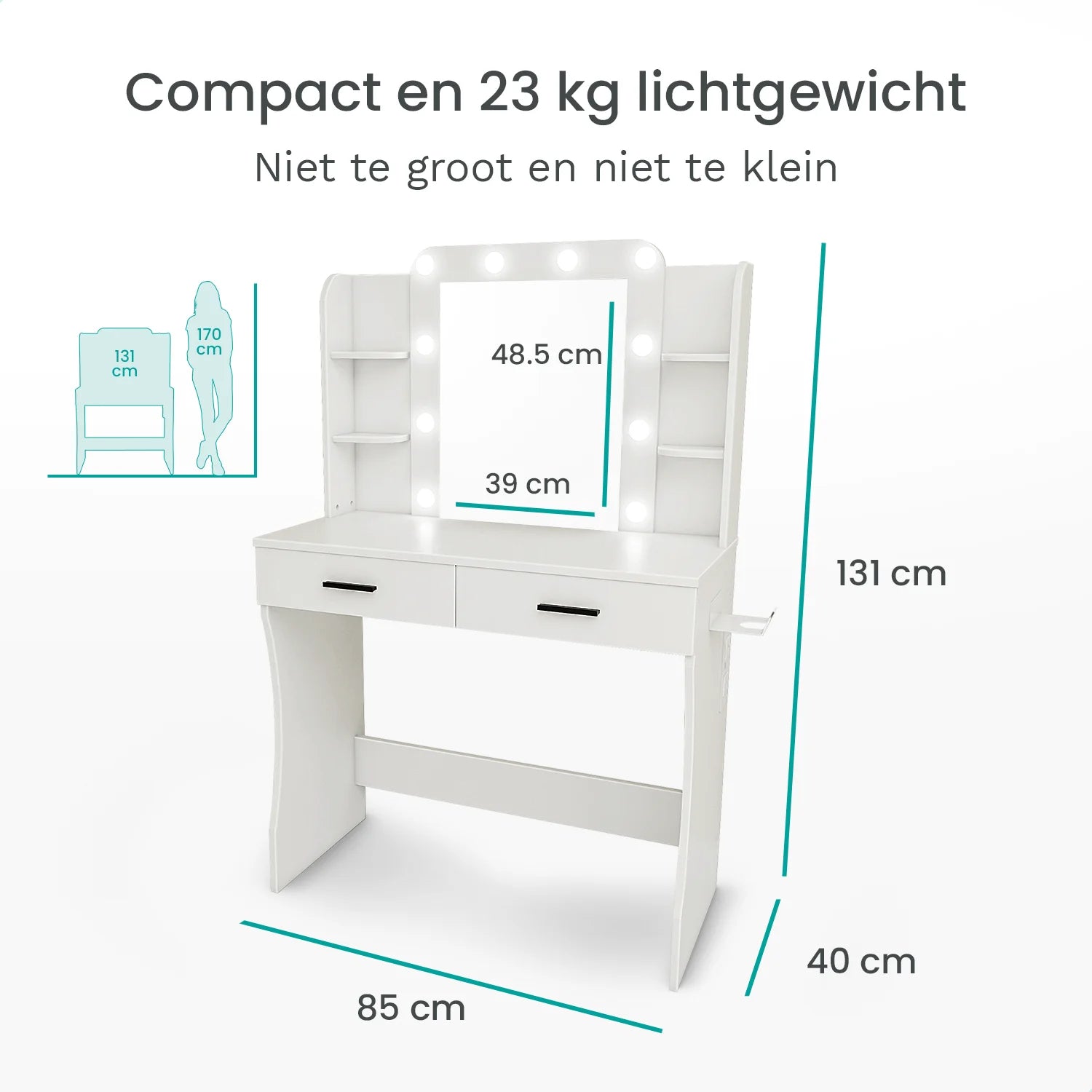 Schminktisch mit Spiegel und LED-Beleuchtung – 85 x 40 x 131 cm – Weiß – integrierte Steckdose 