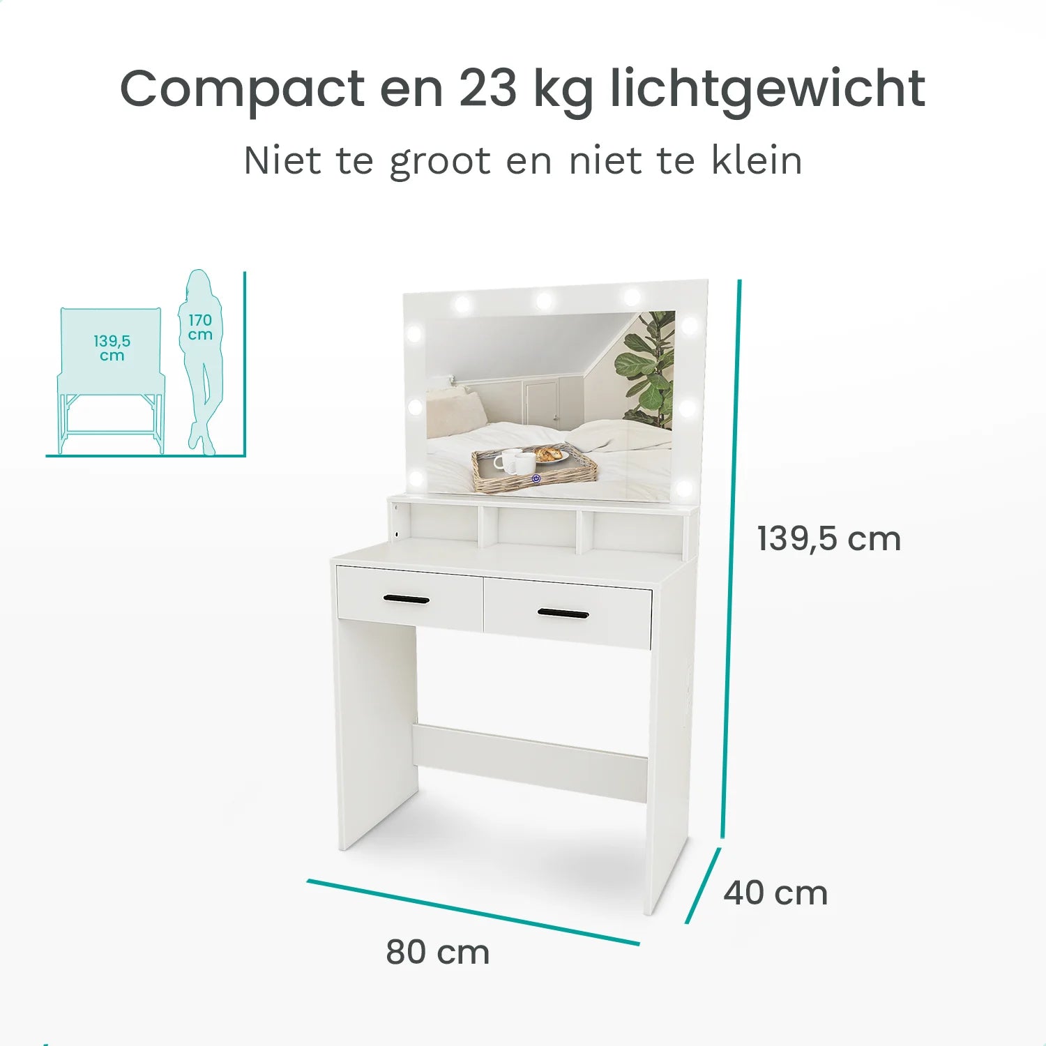 Schminktisch mit Spiegel und LED-Beleuchtung – 80 x 40 x 139,5 cm – Weiß