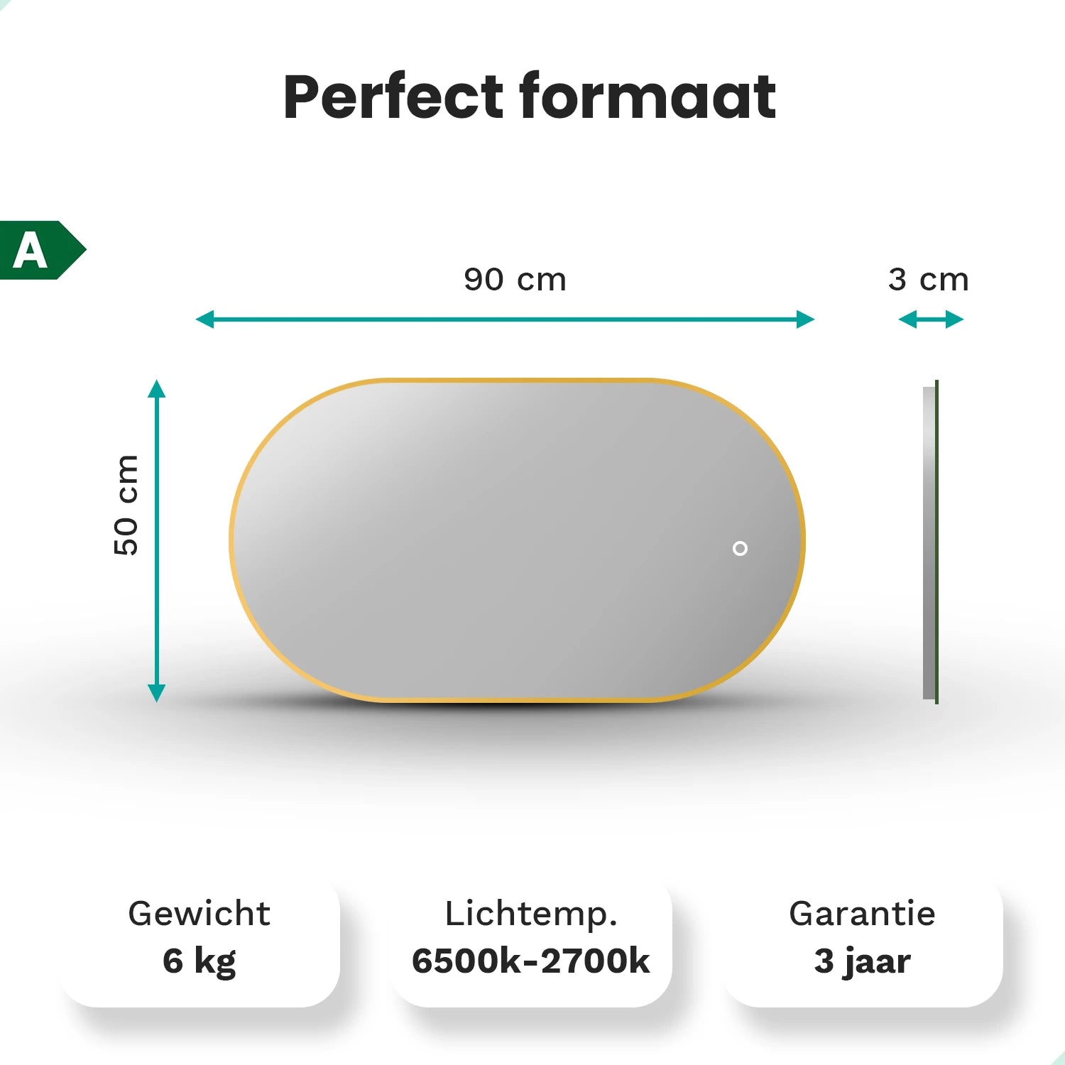 Badkamerspiegel - 90x50cm Ovaal - Goud Frame
