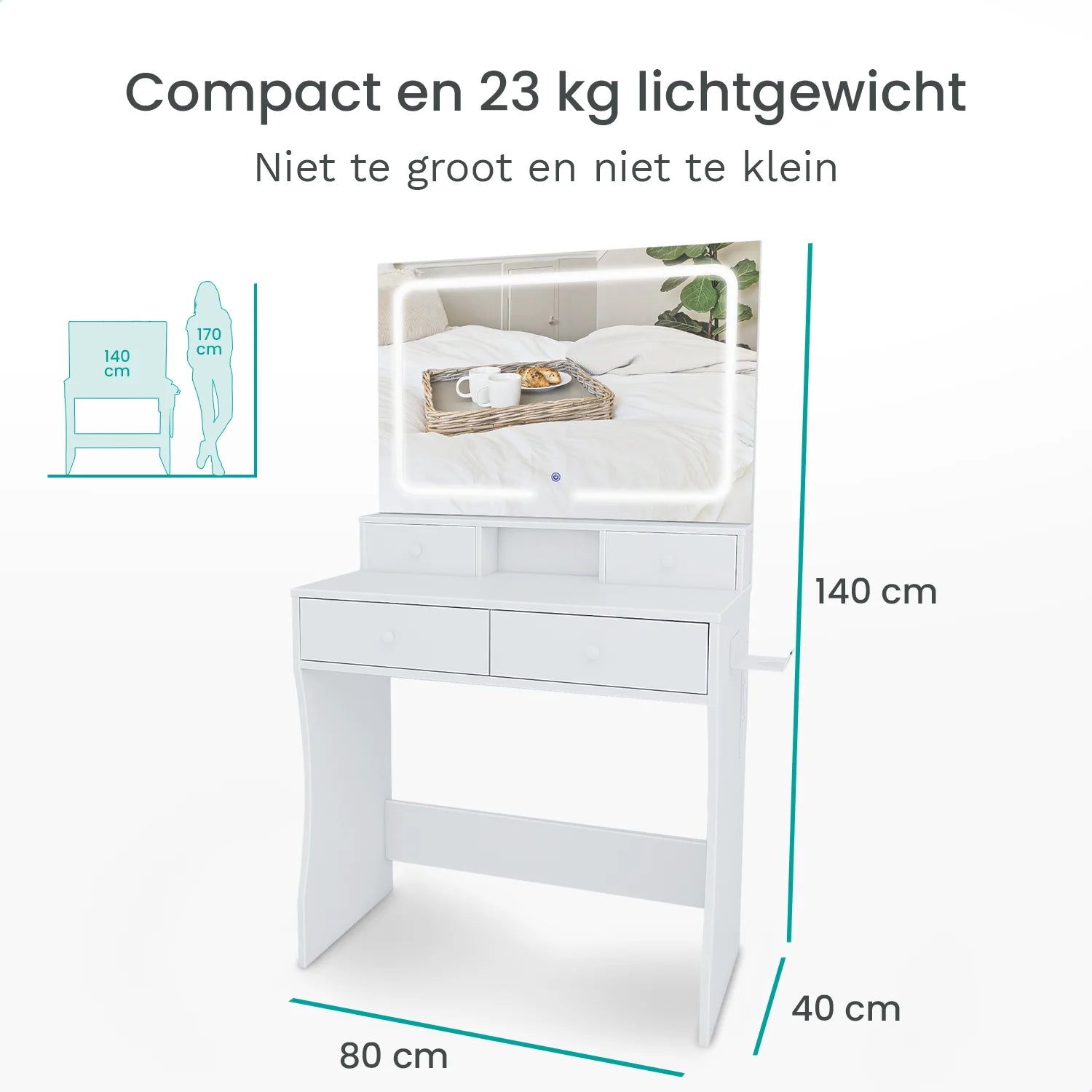 Schminktisch mit Spiegel und LED-Beleuchtung – 80 x 40 x 140 cm – Weiß – Integrierte Steckdose