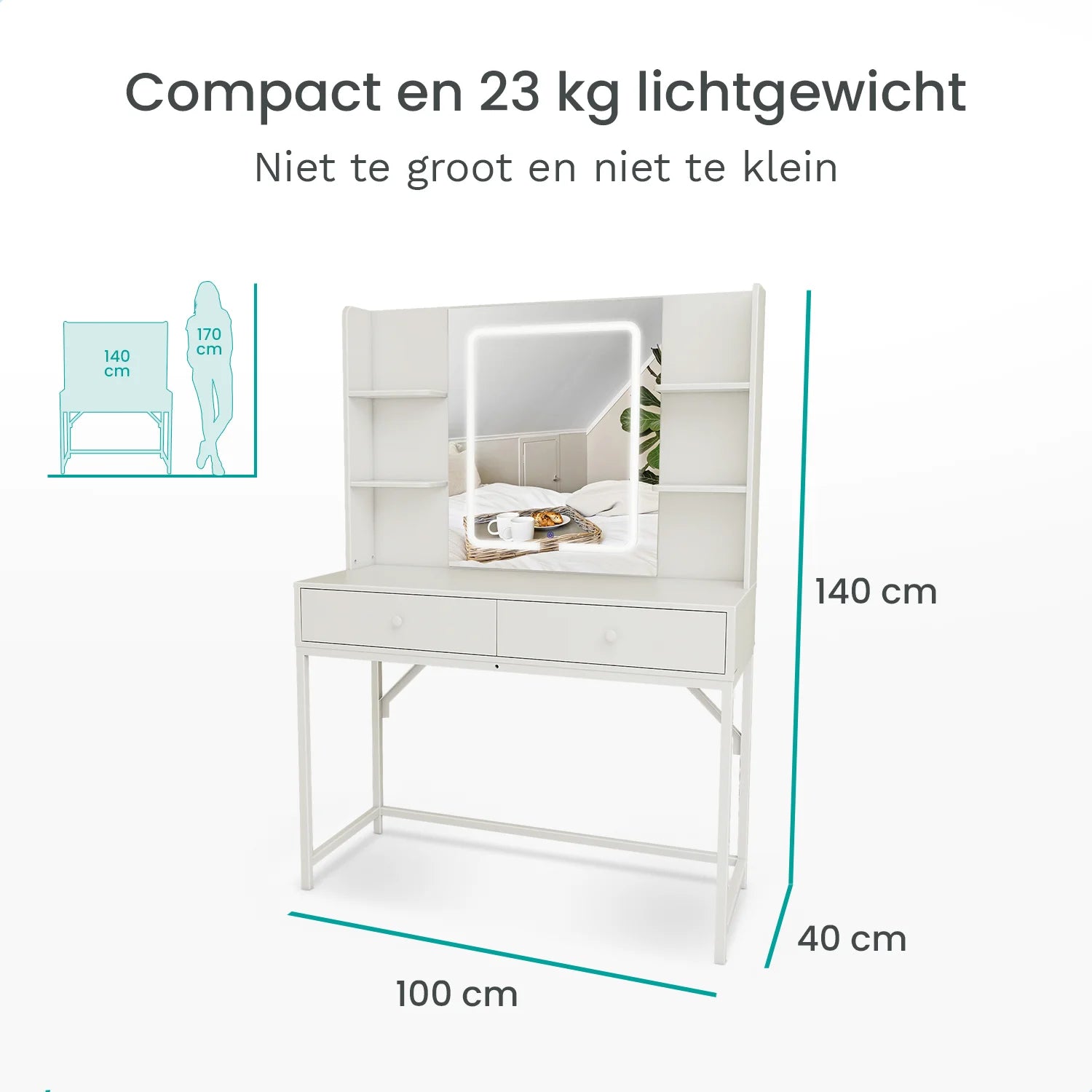 Schminktisch mit Spiegel und LED-Beleuchtung – 100 x 40 x 140 cm – Weiß