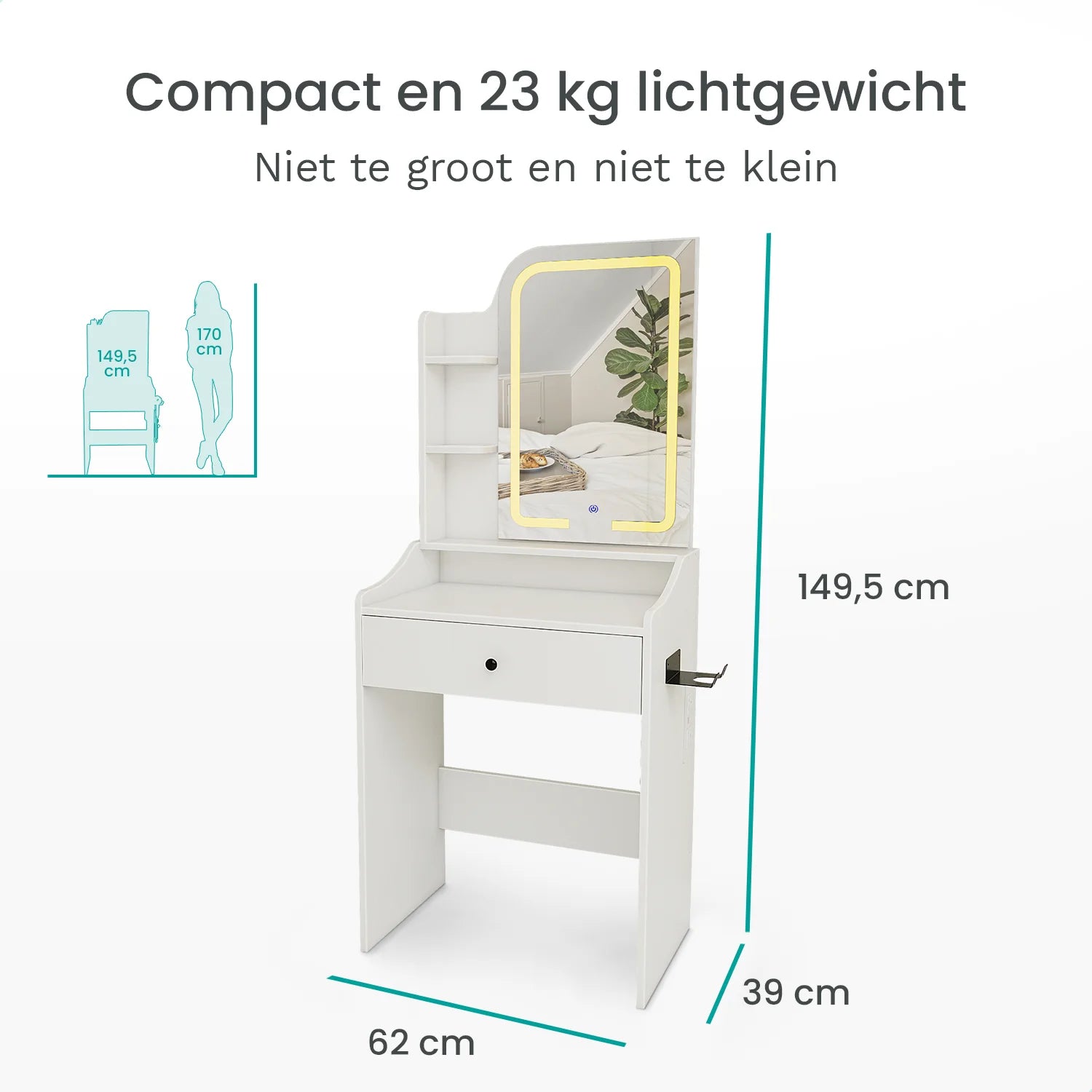 Schminktisch mit Spiegel und LED-Beleuchtung – 62 x 39 x 149,5 cm – Weiß – integrierte Steckdose 