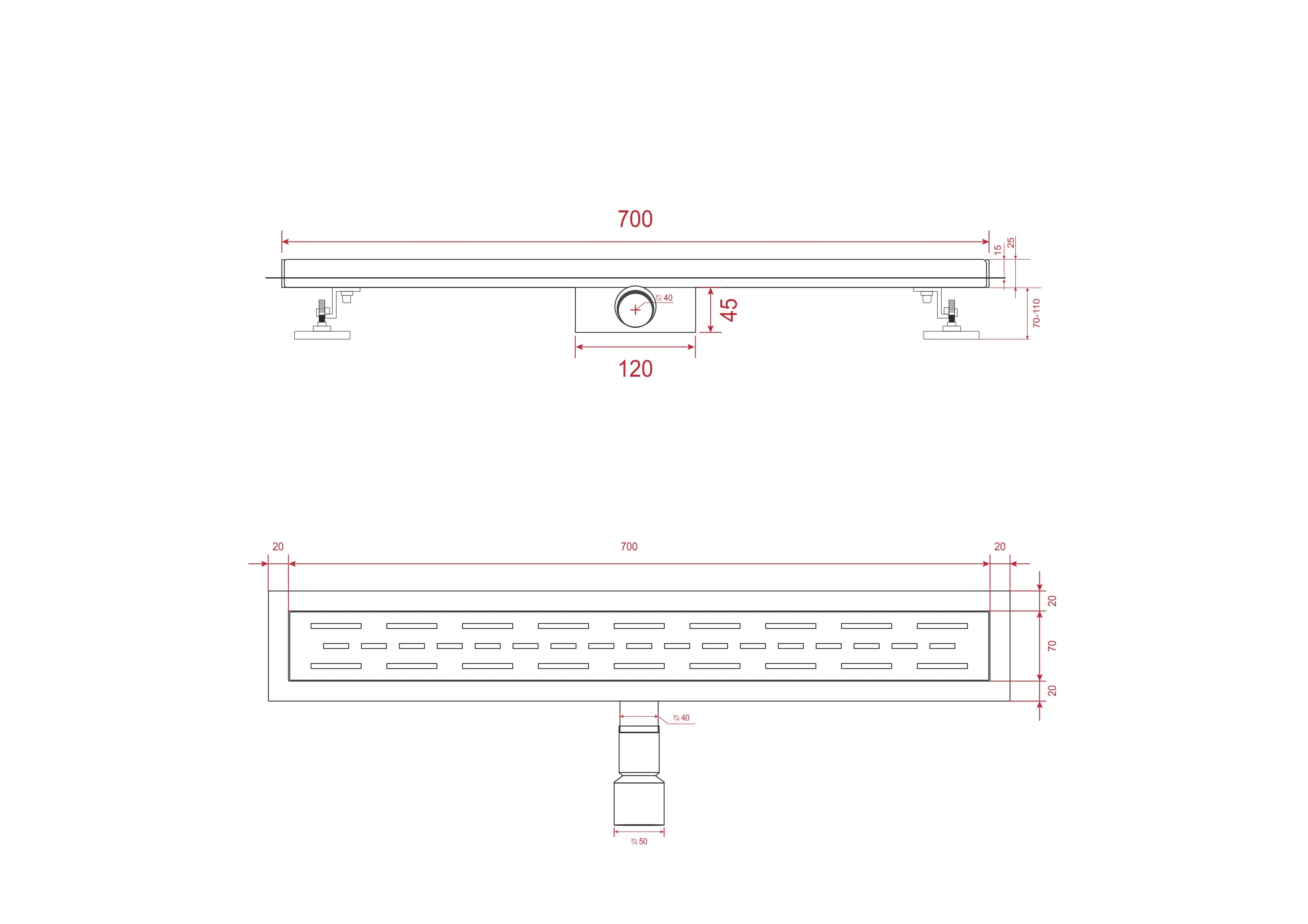 Douchegoot - 70cm - Mat Zwart - Tegelrooster - RVS - Met Flens