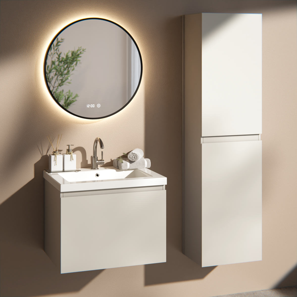 Badkamermeubel set Karo - 60cm - Taupe - Wastafel Wit