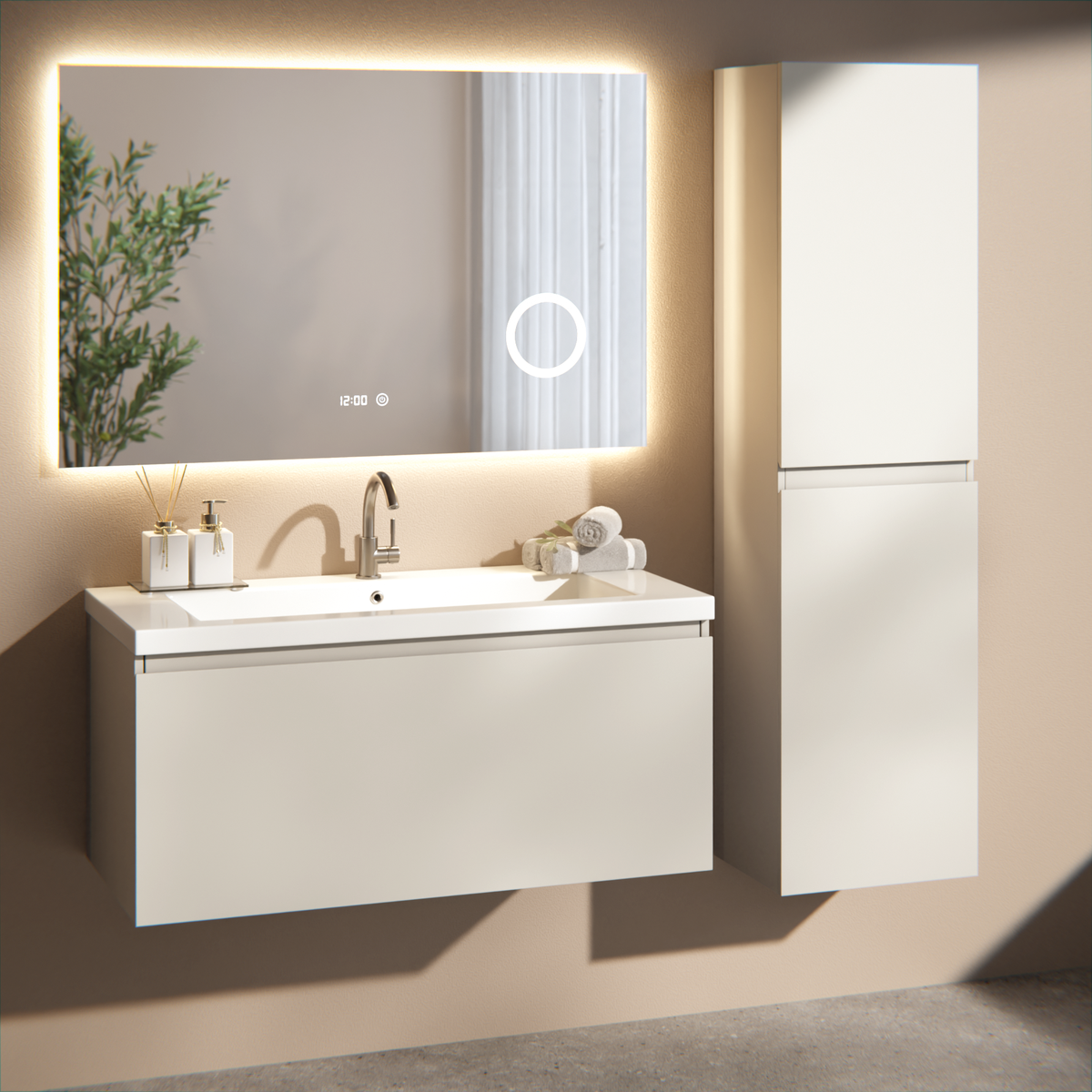 Badkamermeubelset Sena - 100cm - Taupe - Wastafel Wit