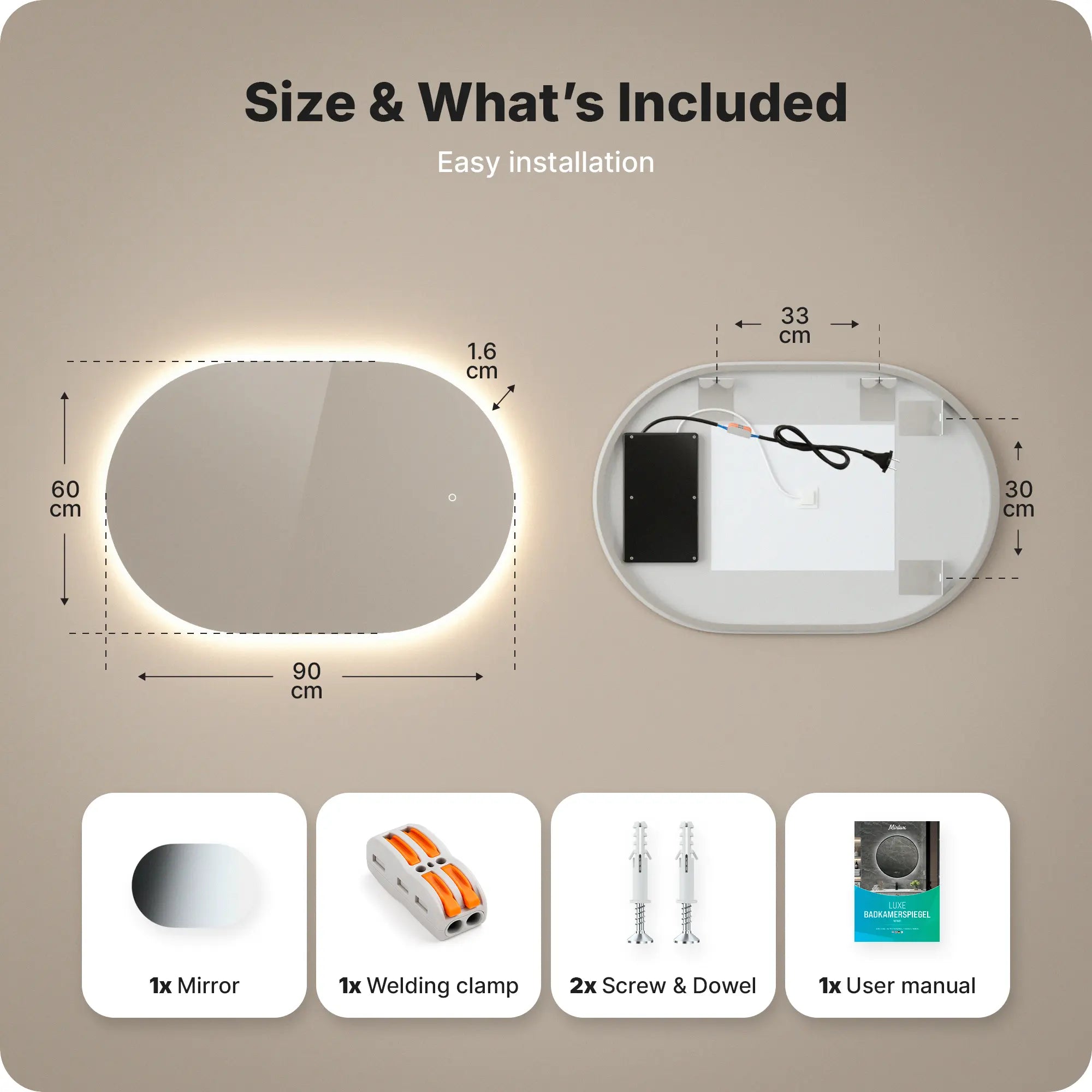 Badkamerspiegel - 90x60cm Ovaal - Frameloos