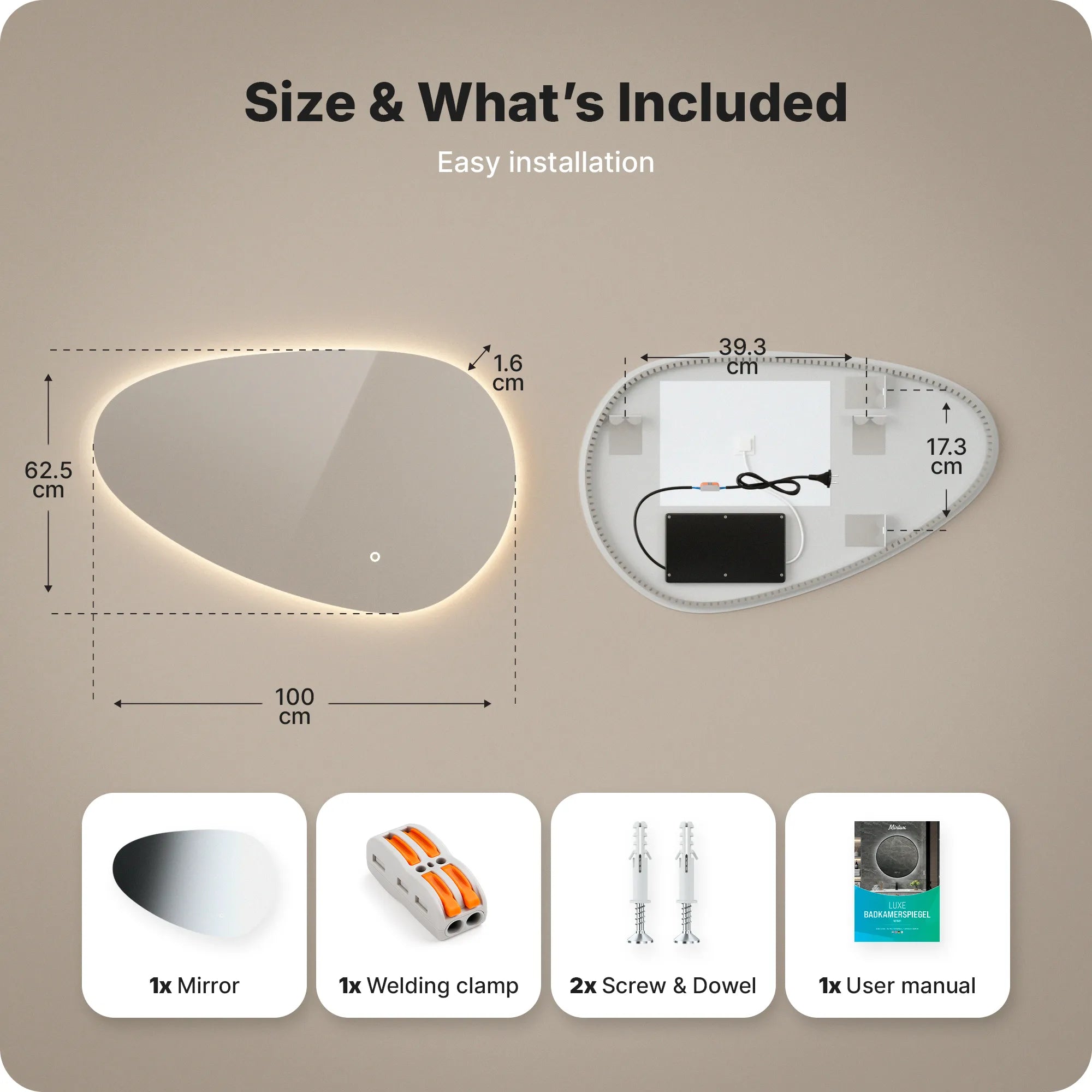 Badkamerspiegel - 100x62.5cm Asymmetrisch - Frameloos - PRE-ORDER