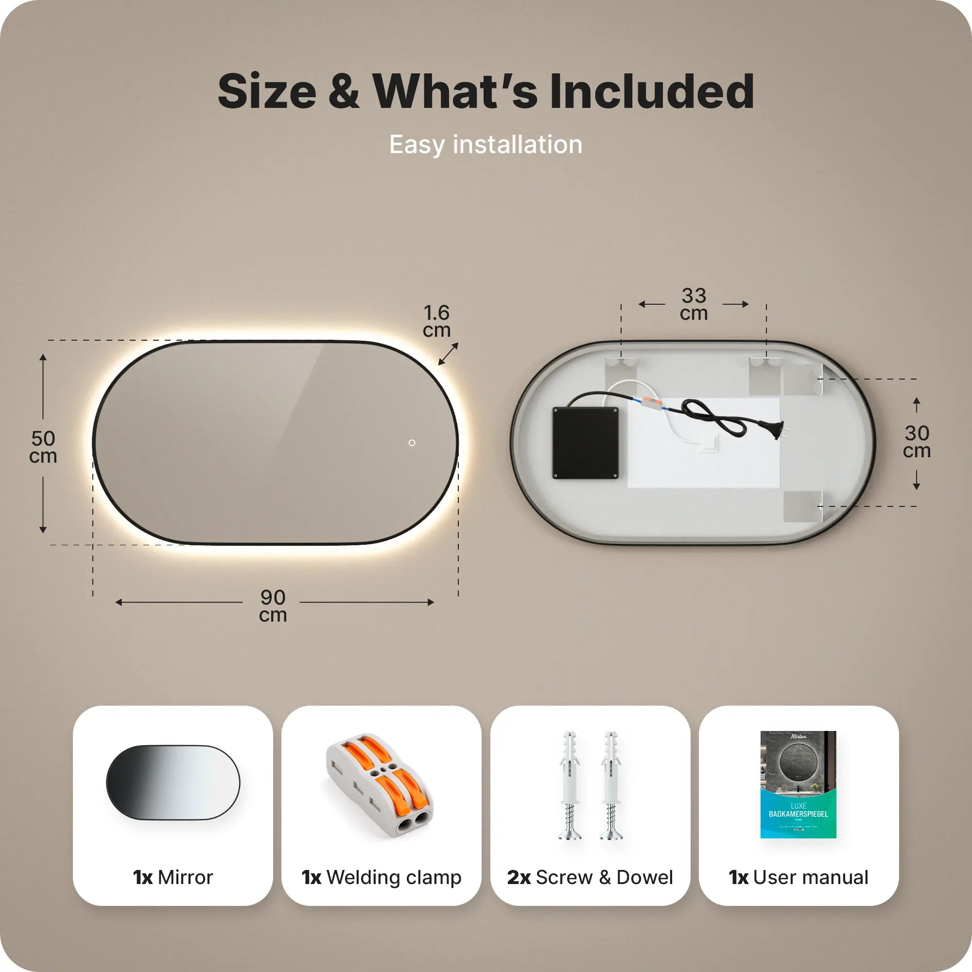 Badkamerspiegel - 90x50cm Ovaal - Zwart Frame