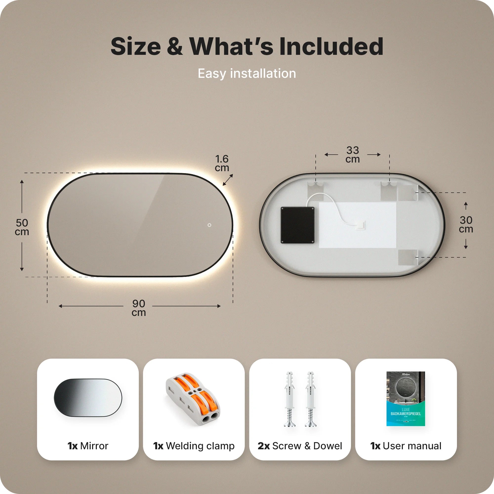 Badkamerspiegel - 90x50cm Ovaal - Zwart Frame