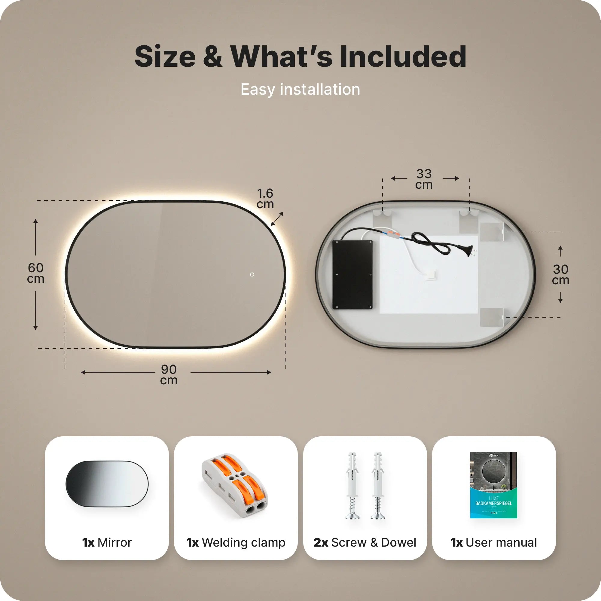Badkamerspiegel - 90x60cm Ovaal - Zwart Frame
