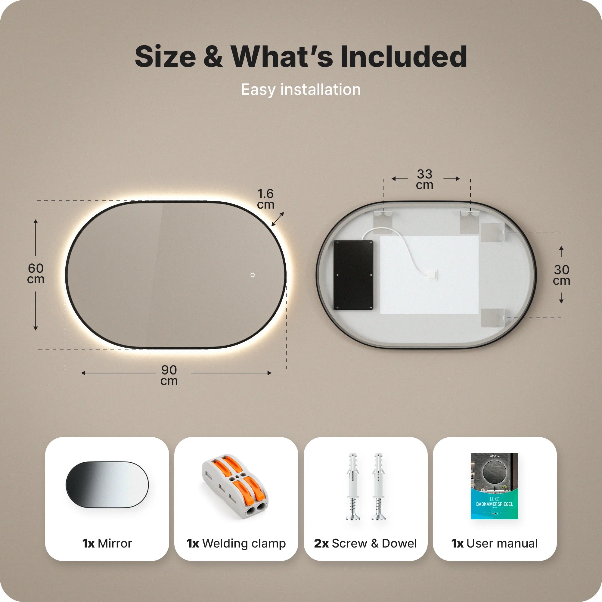 Badkamerspiegel - 90x60cm Ovaal - Zwart Frame