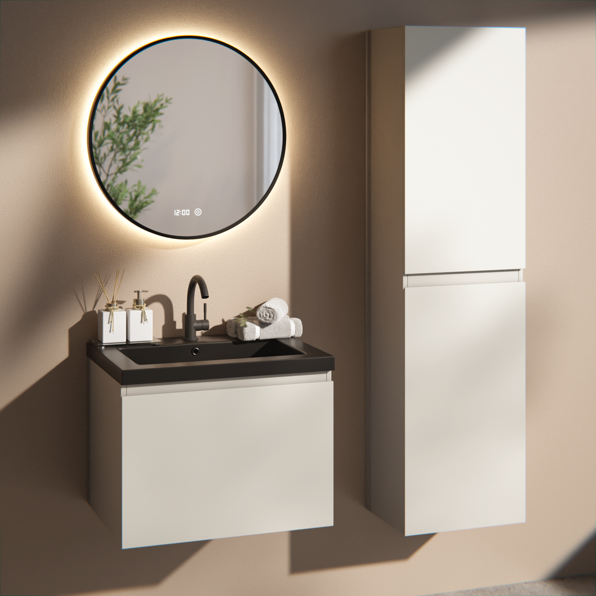Badkamermeubel set Karo - 60cm - Taupe - Wastafel Zwart