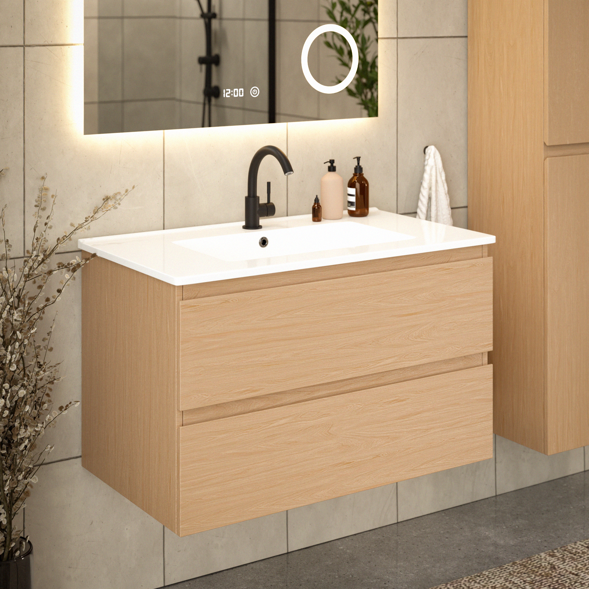Badkamermeubel set - 80cm - Licht Eiken - Wastafel Wit - PRE-ORDER