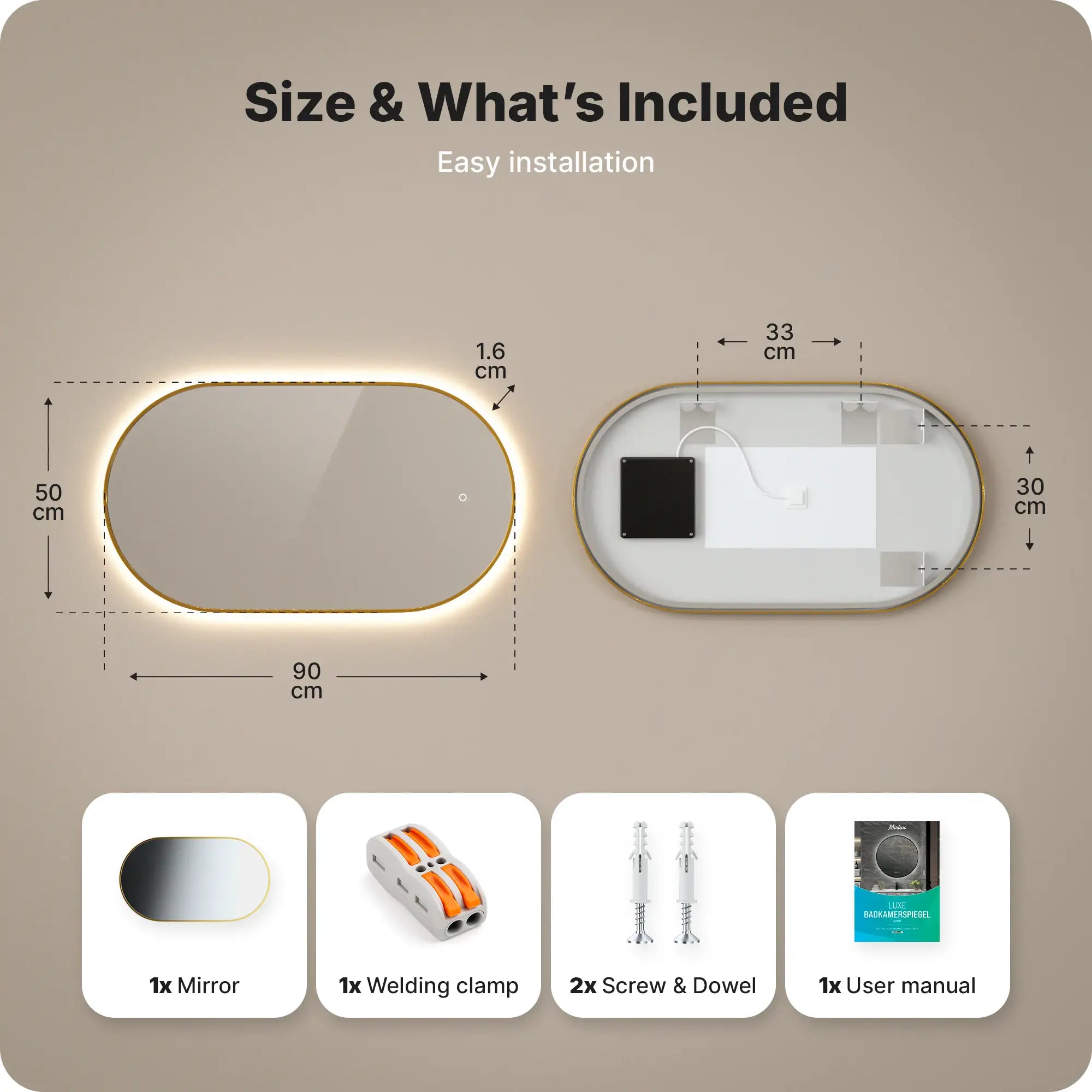 Badkamerspiegel - 90x50cm Ovaal - Goud Frame - PRE-ORDER