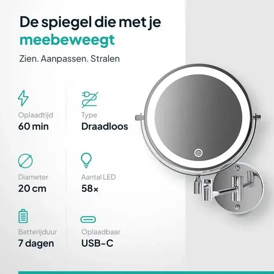 Make-up Spiegel met LED - verlichting - Oplaadbaar - 10x vergroting - Chroom