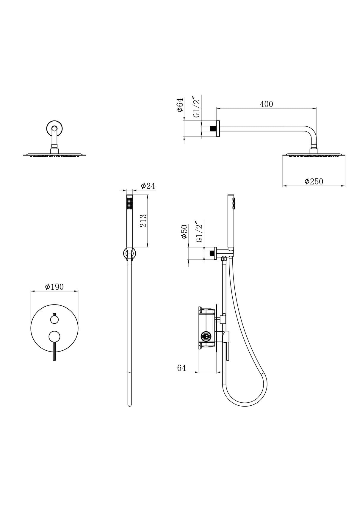 Inbouw Regendouche Riva - Mat Zwart met Thermostaatkraan - 25 cm
