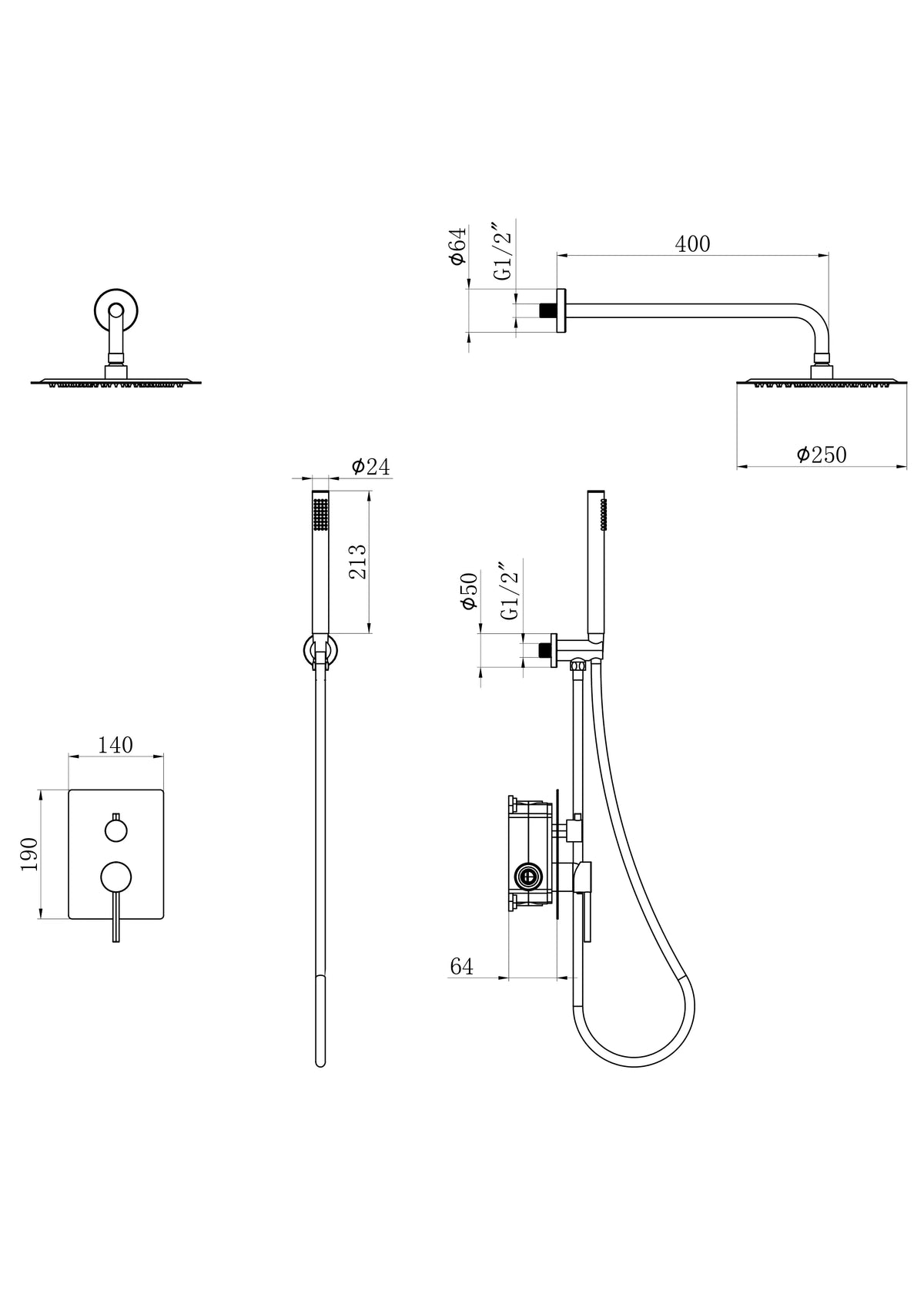 Inbouw Regendouche Daro - Mat Zwart met Thermostaatkraan - 25 cm