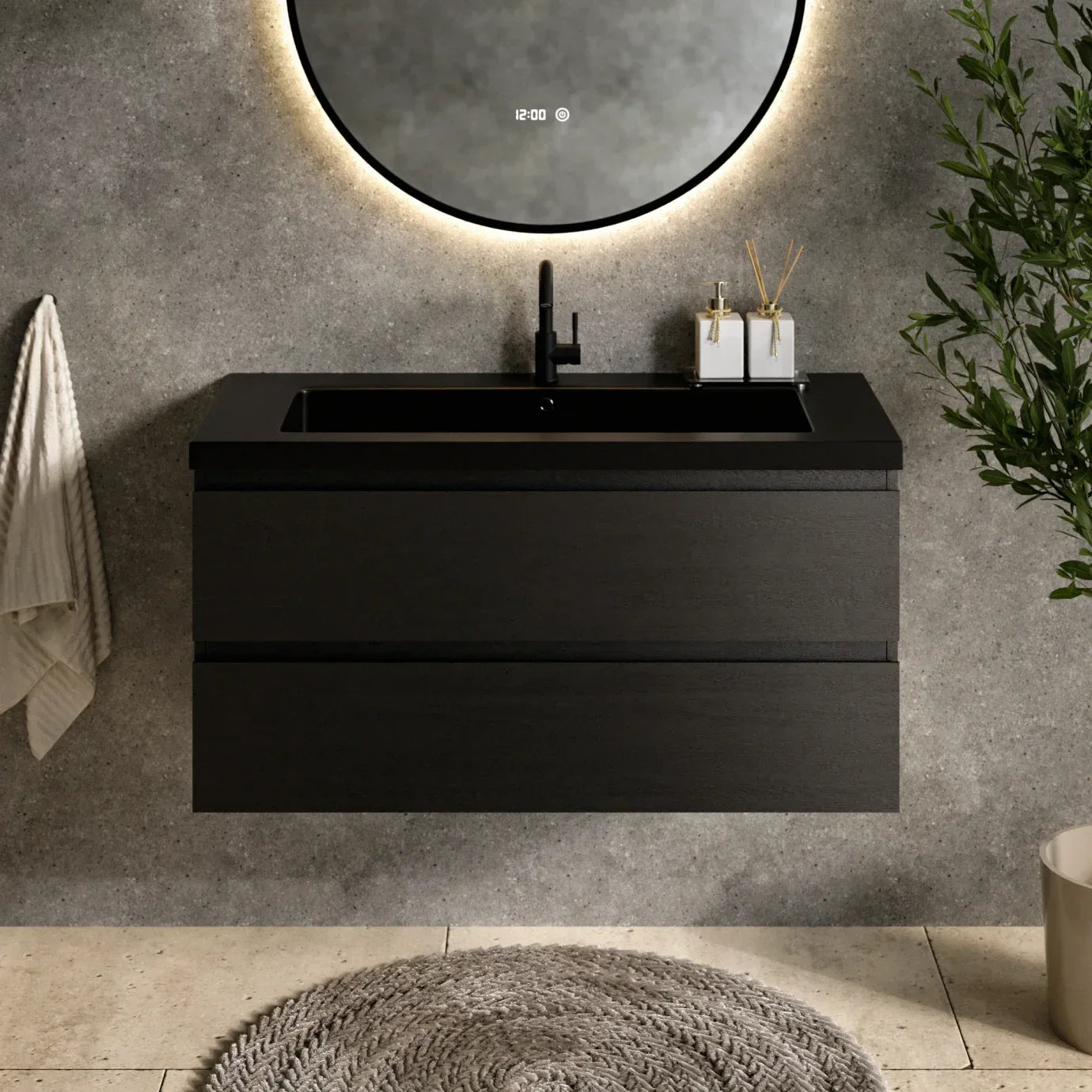 Badkamermeubel set Montero 100cm - Zwart Eiken - Wastafel Wit - PRE-ORDER