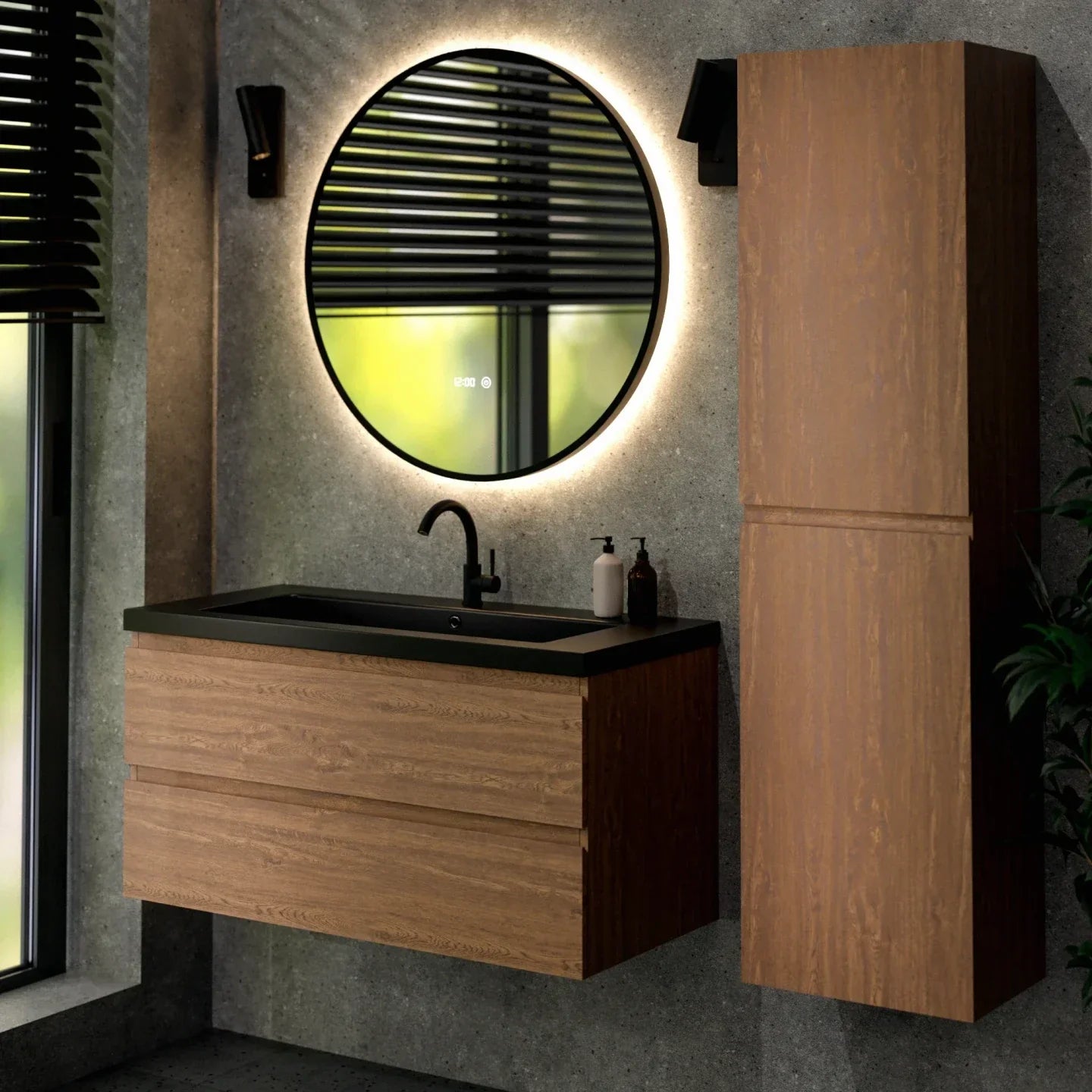 Badkamermeubel set Verona - 100cm - Warm Eiken - Wastafel Zwart - PRE-ORDER