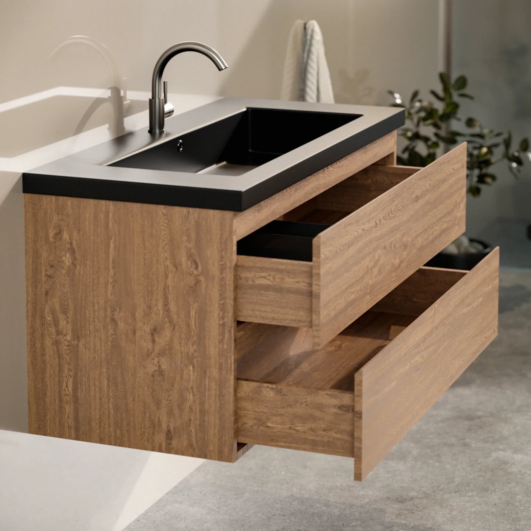 Badkamermeubel Sena - 100cm - Warm Eiken - Wastafel Zwart - PRE-ORDER