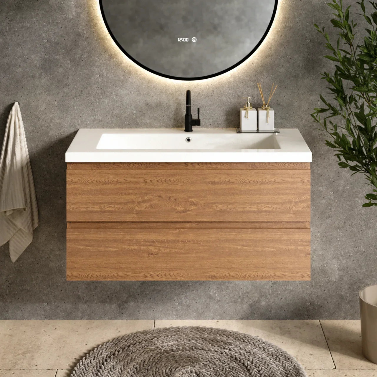 Badkamermeubel set Valento - 100cm - Warm Eiken - Wastafel Wit