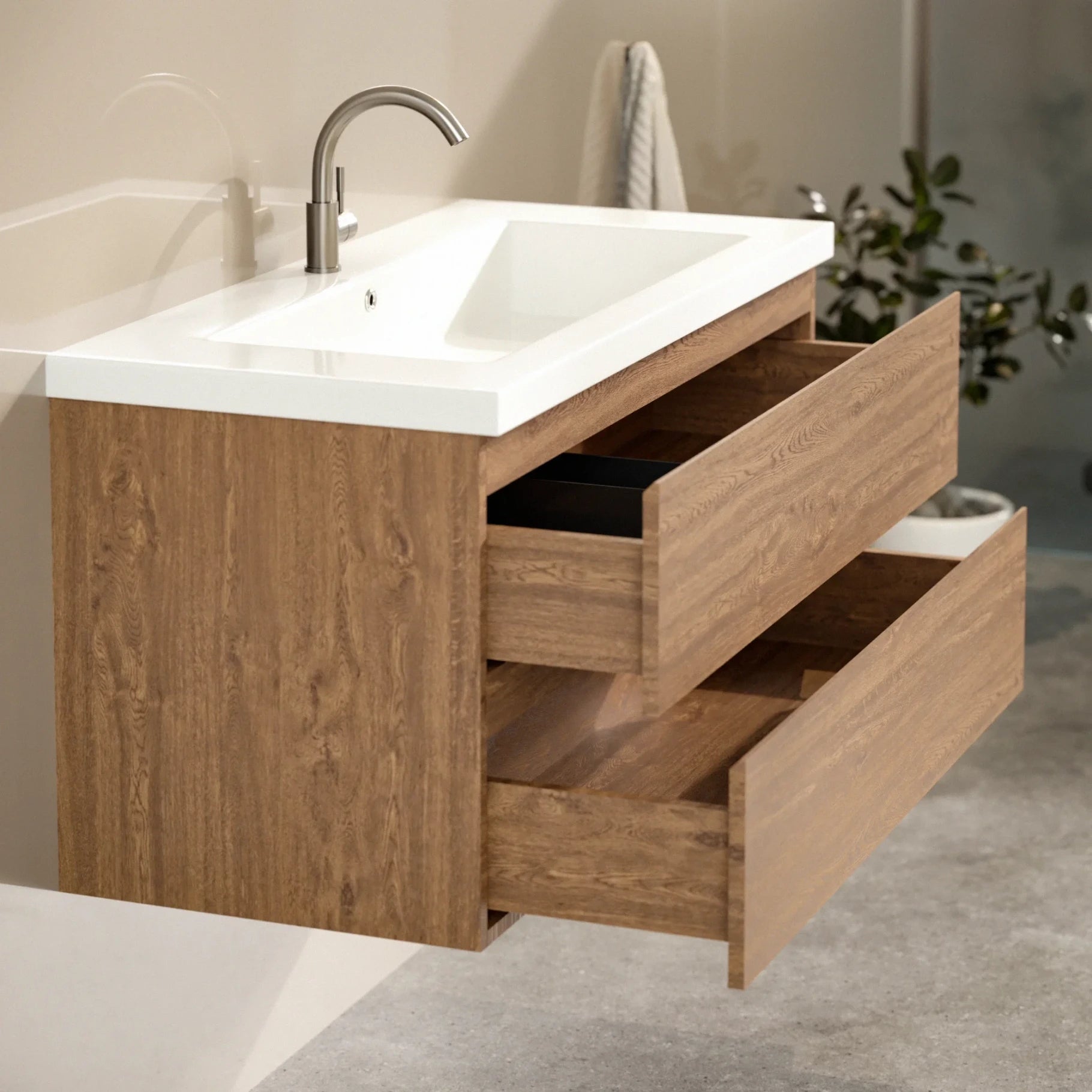 Badkamermeubel Sena - 100cm - Warm Eiken - Wastafel Wit - PRE-ORDER