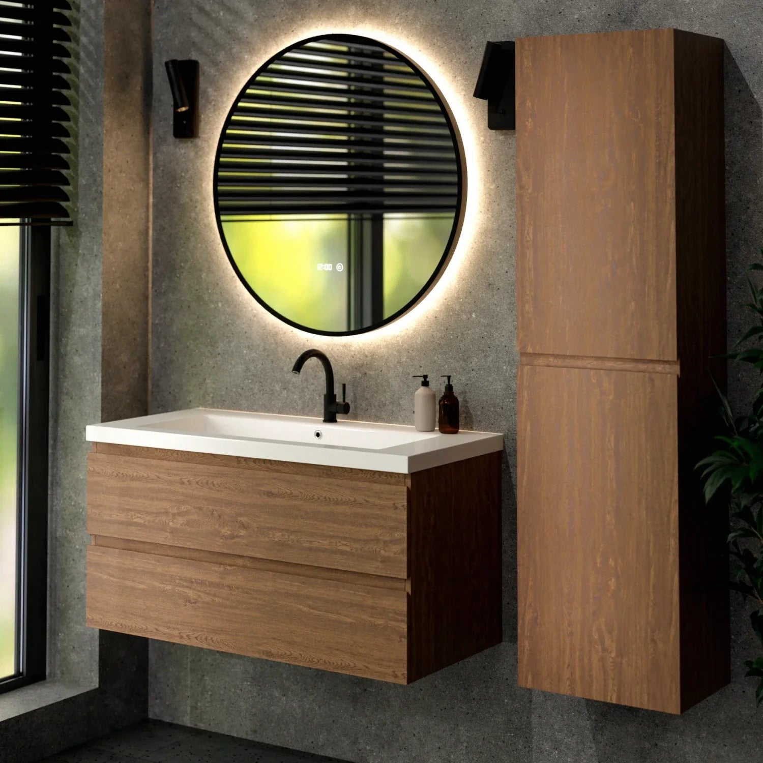 Badkamermeubel set Valento - 100cm - Warm Eiken - Wastafel Wit