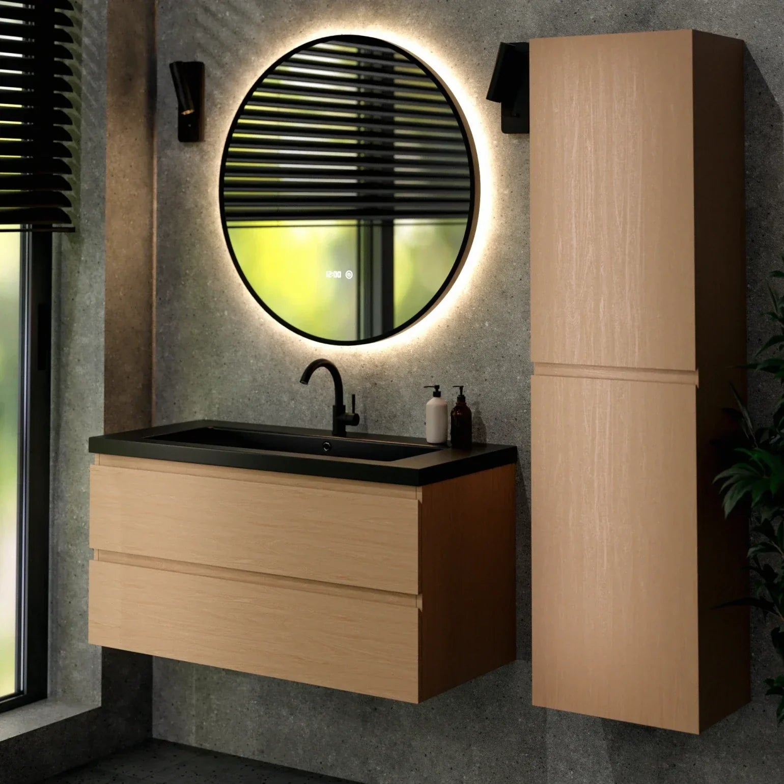 Badkamermeubel set Monaco - 100cm - Licht Eiken - Wastafel Zwart - PRE-ORDER