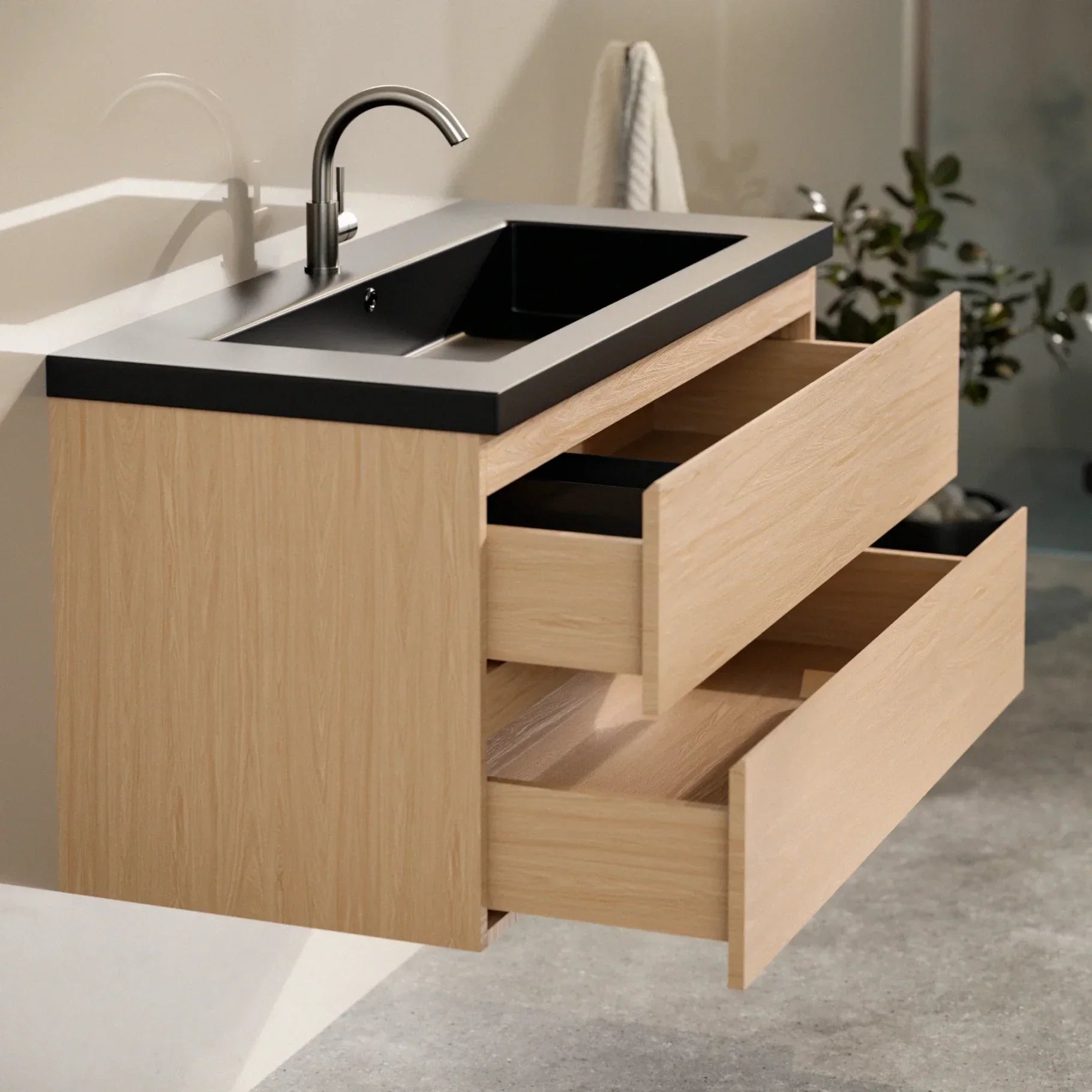 Badkamermeubel set Monaco - 100cm - Licht Eiken - Wastafel Zwart - PRE-ORDER