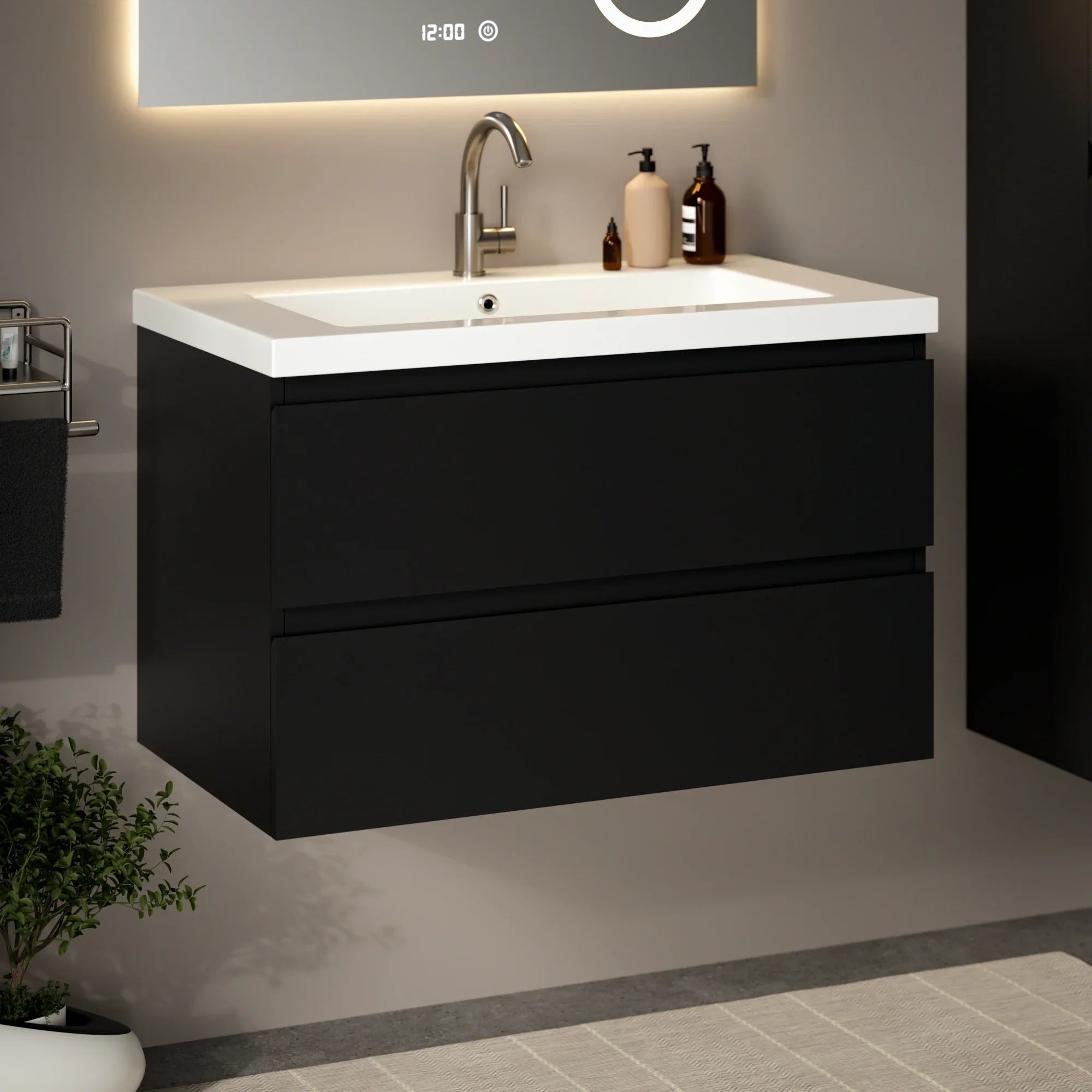 Badkamermeubel set Lunaro - 80cm - Mat Zwart - Wastafel Wit