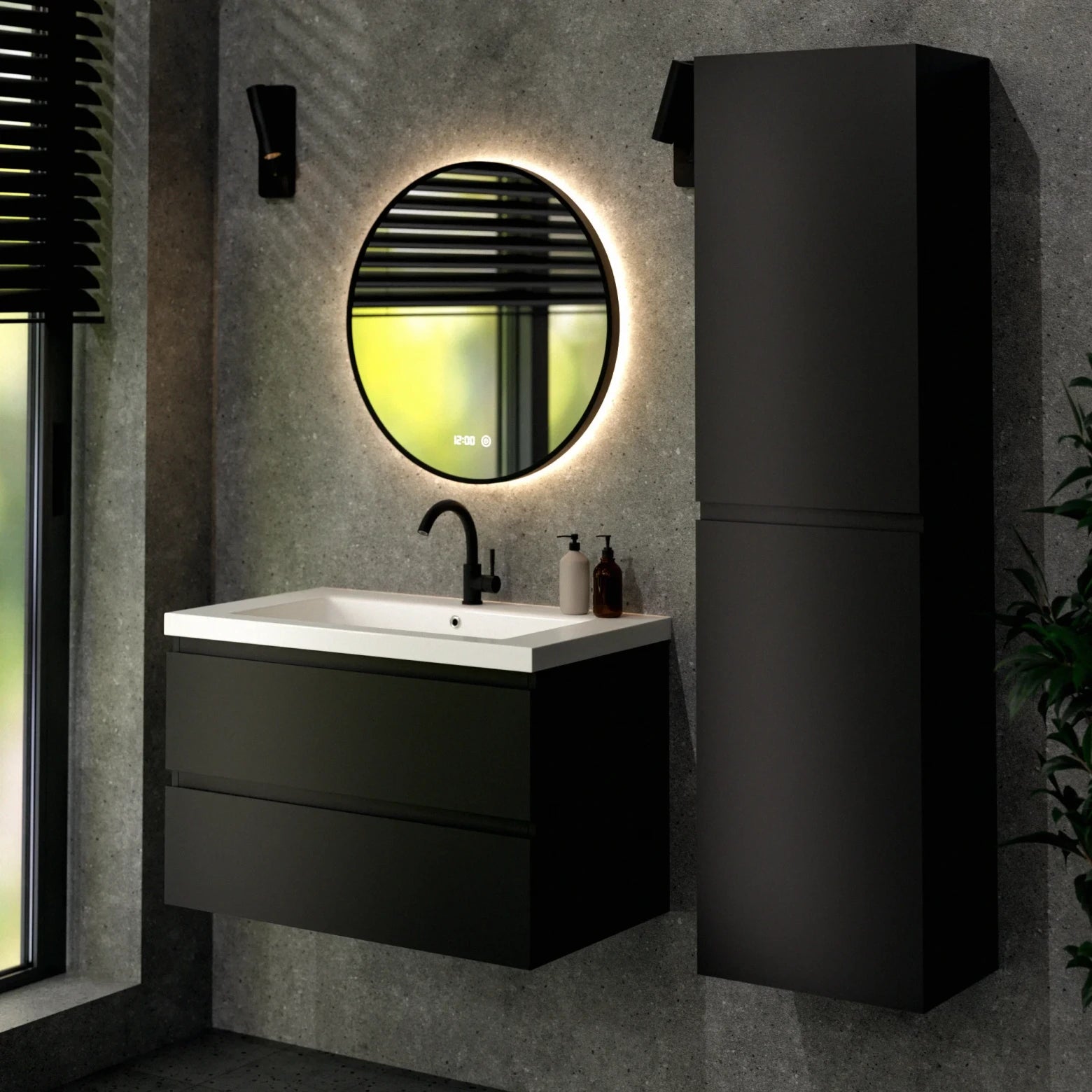 Badkamermeubel Sova - 80cm - Mat Zwart - Wastafel wit - PRE-ORDER