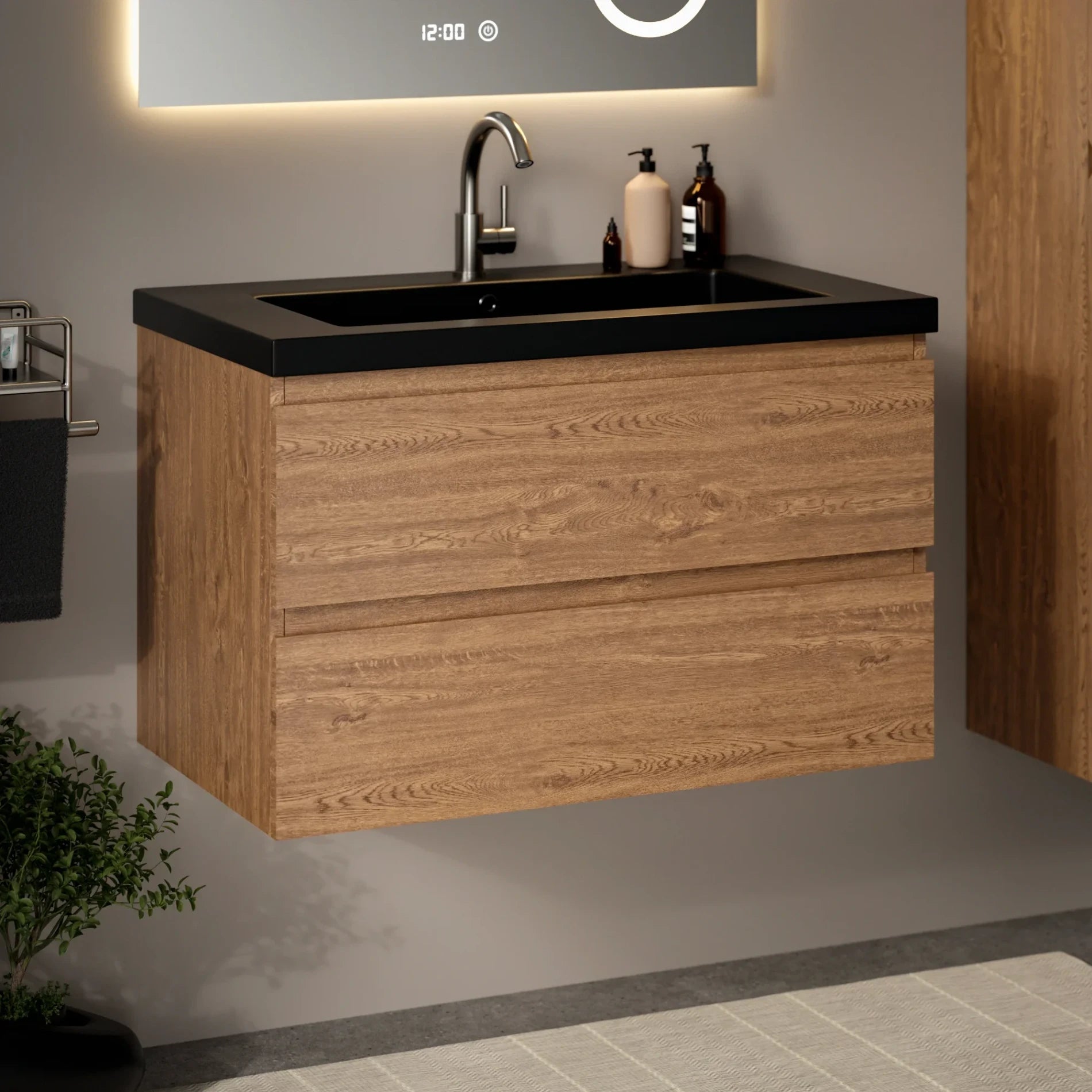 Badkamermeubel Sova - 80cm - Warm Eiken - Wastafel Zwart - PRE-ORDER