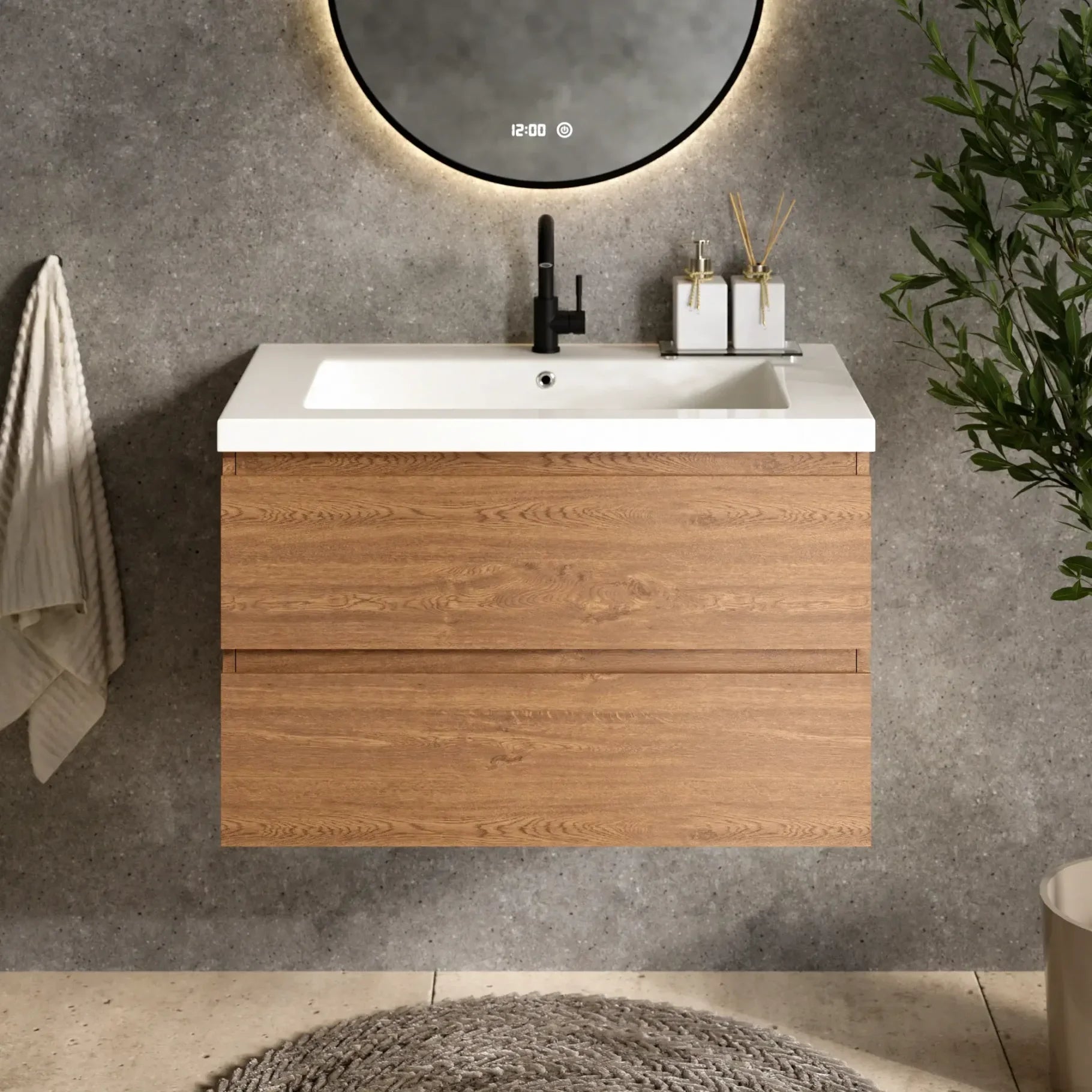 Badkamermeubel set Valento - 80cm - Warm Eiken - Wastafel Wit