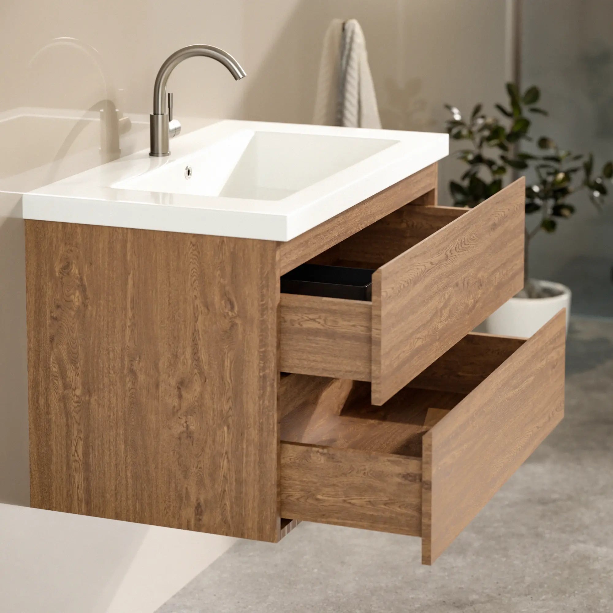 Badkamermeubel Sova - 80cm - Warm Eiken - Wastafel Wit